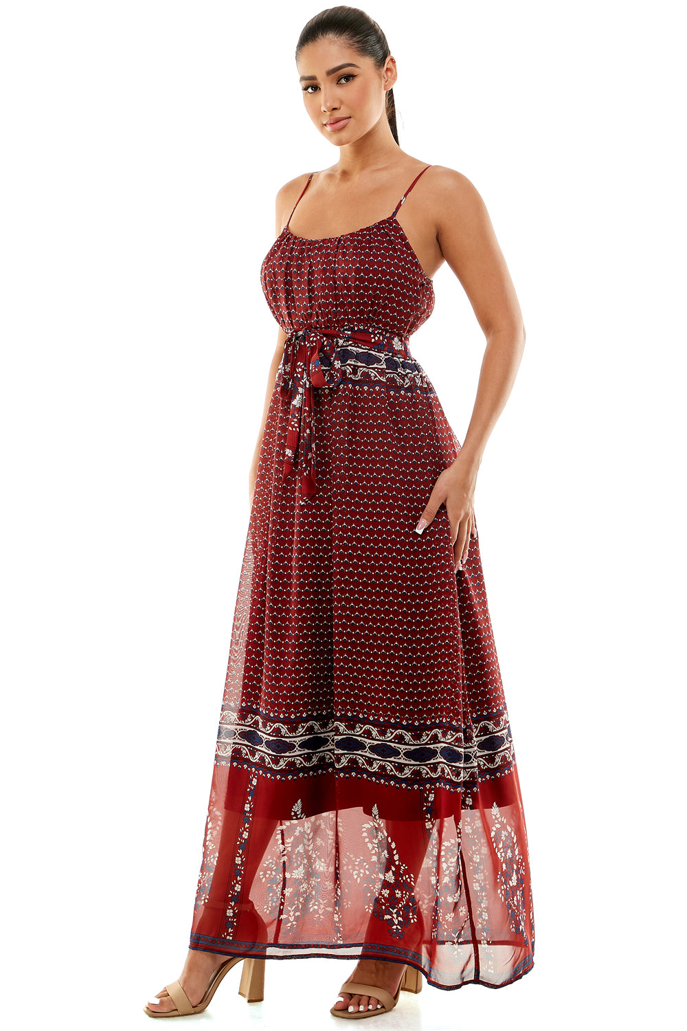 #D6124 Belted Border Print Dress
