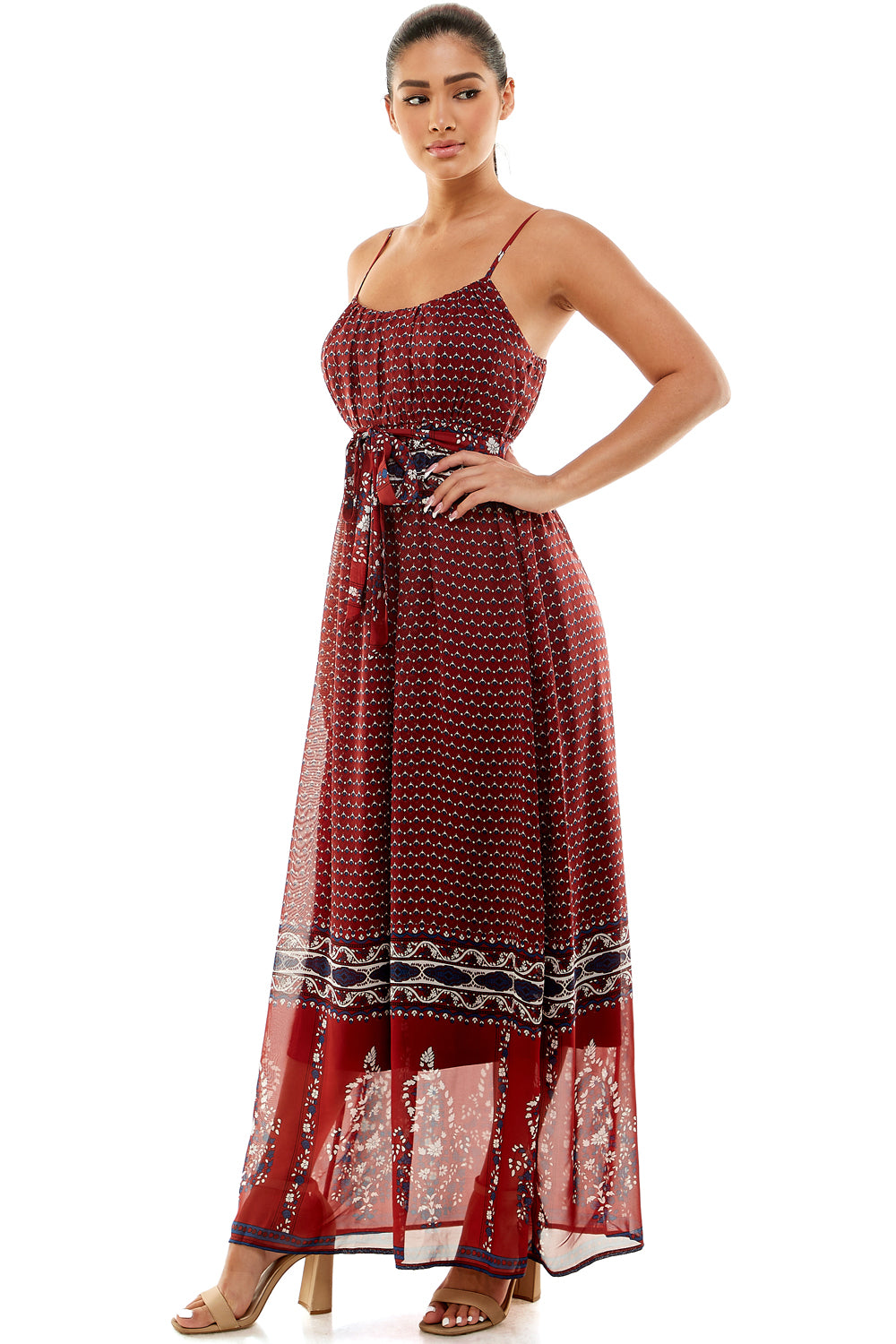 #D6124 Belted Border Print Dress