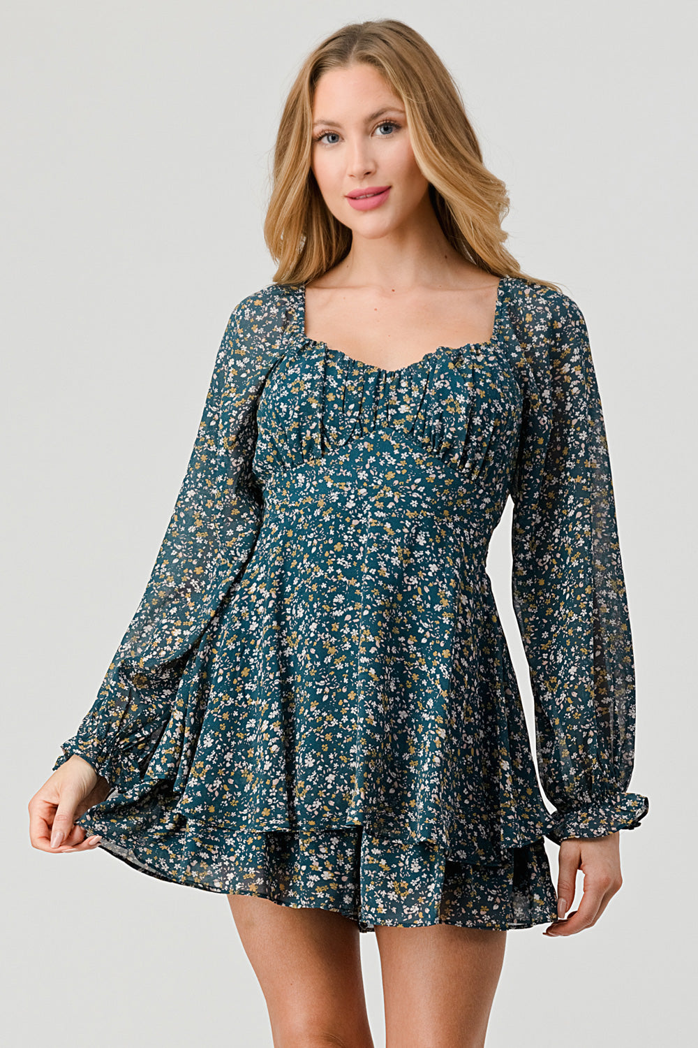 #D5413-2 V Neck ruffle Mini Dress