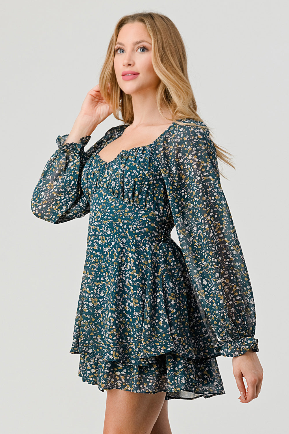 #D5413-2 V Neck ruffle Mini Dress