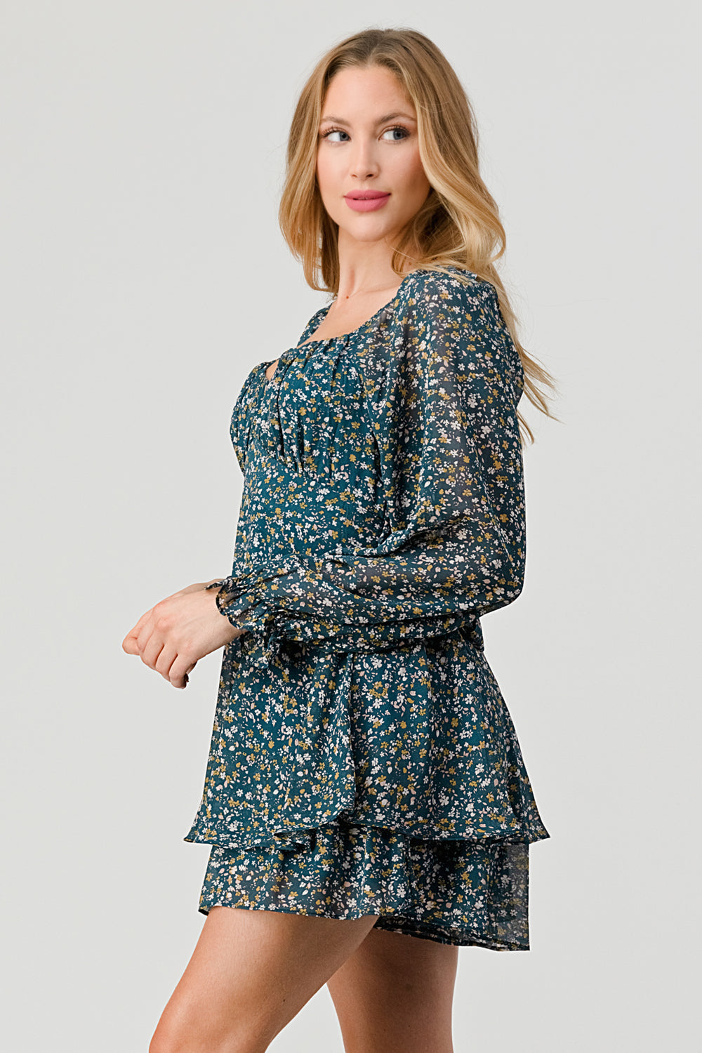 #D5413-2 V Neck ruffle Mini Dress