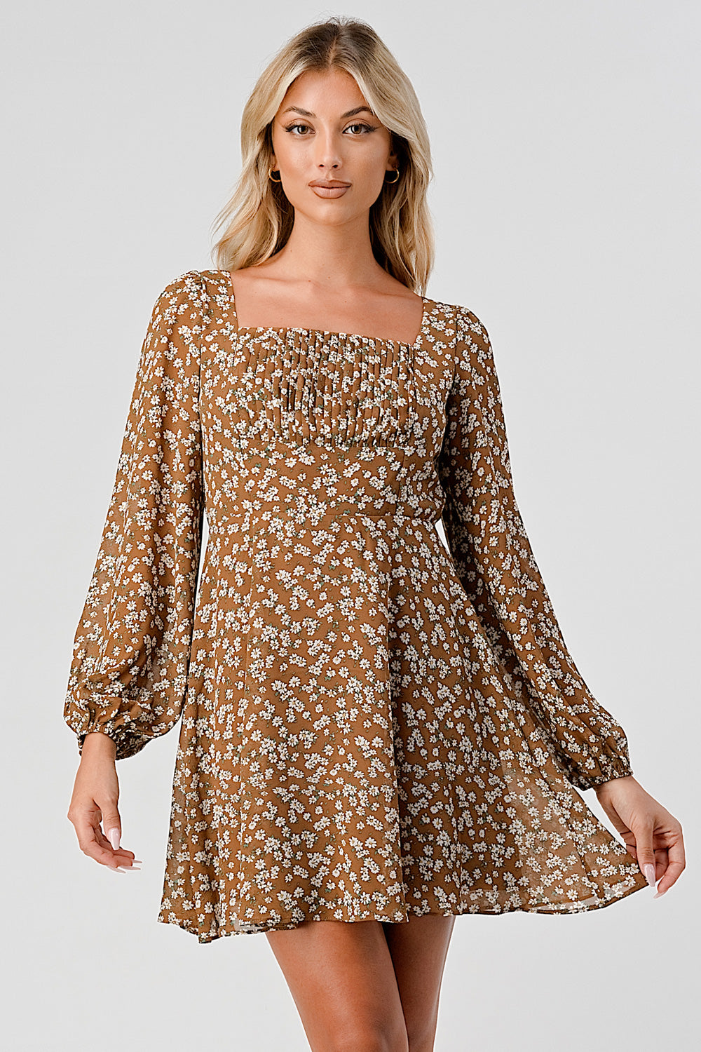 #D6017 Squared Neck Puffsleeve Dress