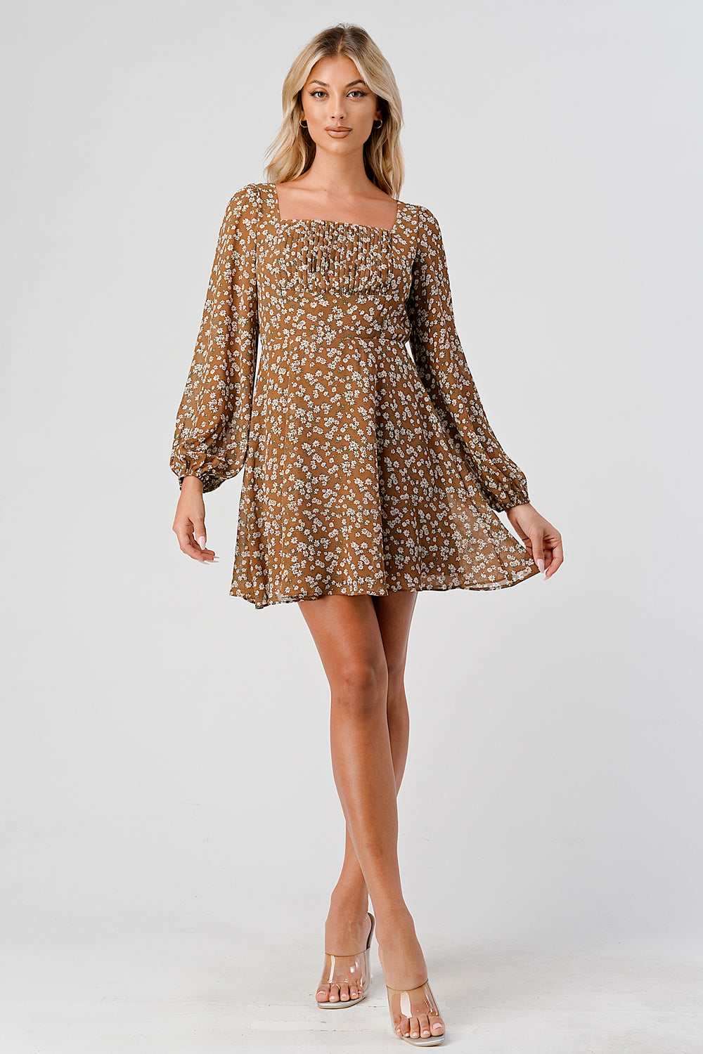 #D6017 Squared Neck Puffsleeve Dress