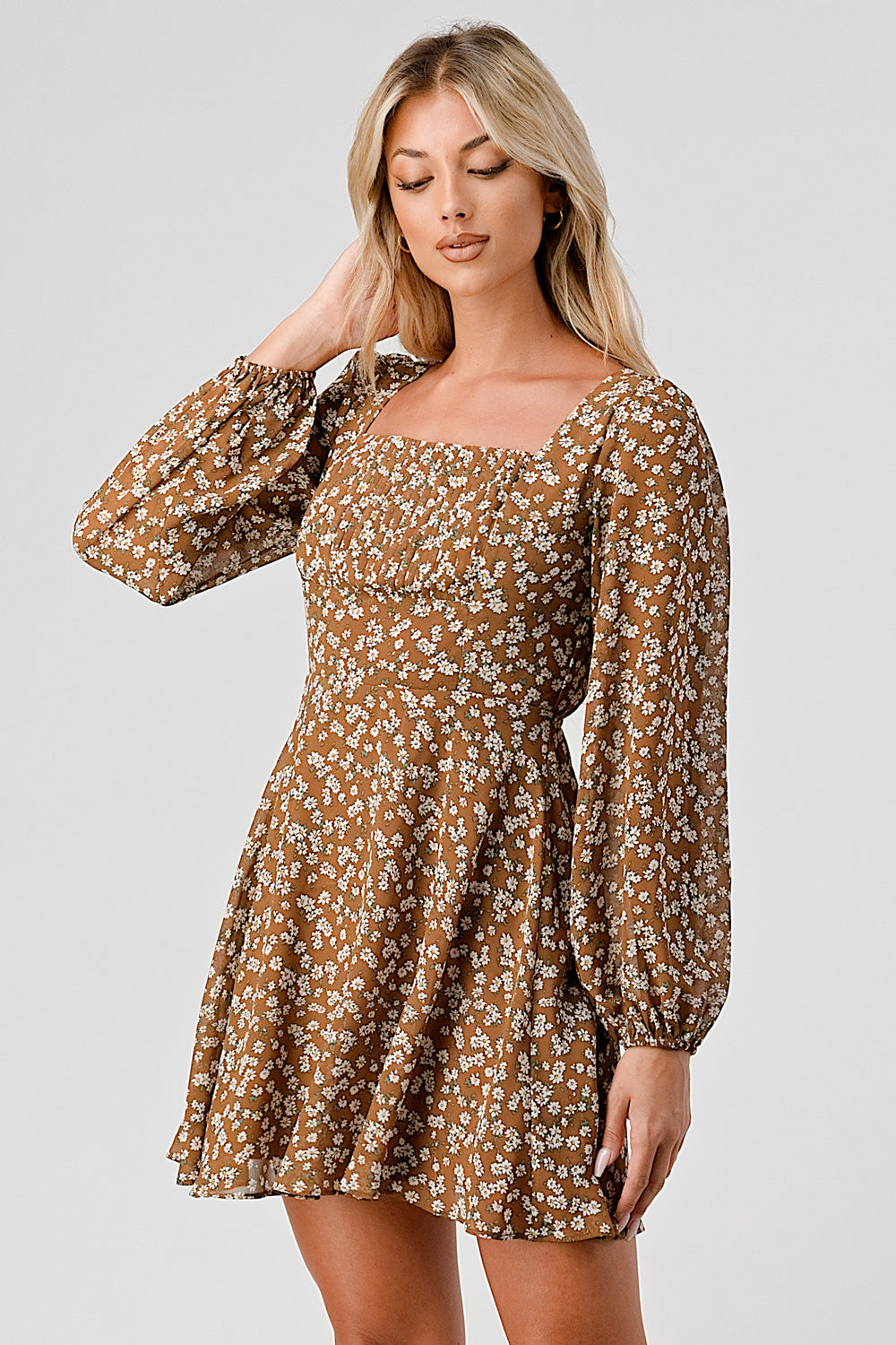 #D6017 Squared Neck Puffsleeve Dress