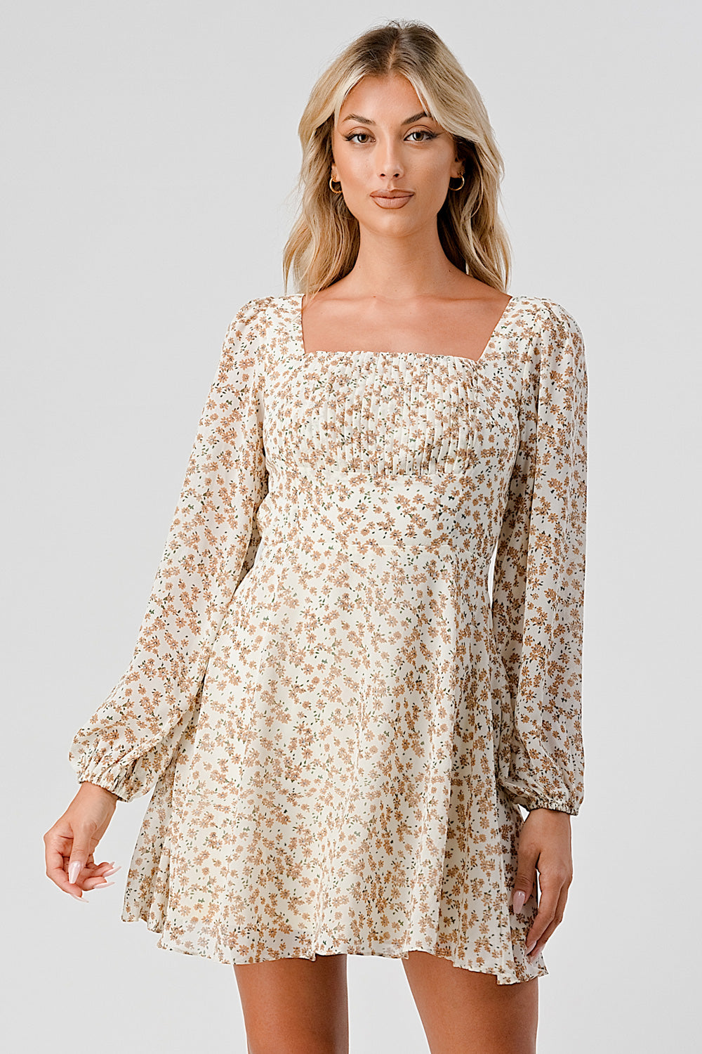 #D6017 Squared Neck Puffsleeve Dress