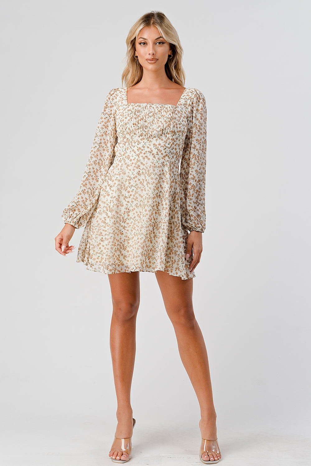 #D6017 Squared Neck Puffsleeve Dress