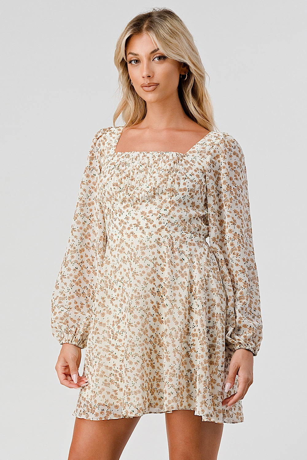 #D6017 Squared Neck Puffsleeve Dress