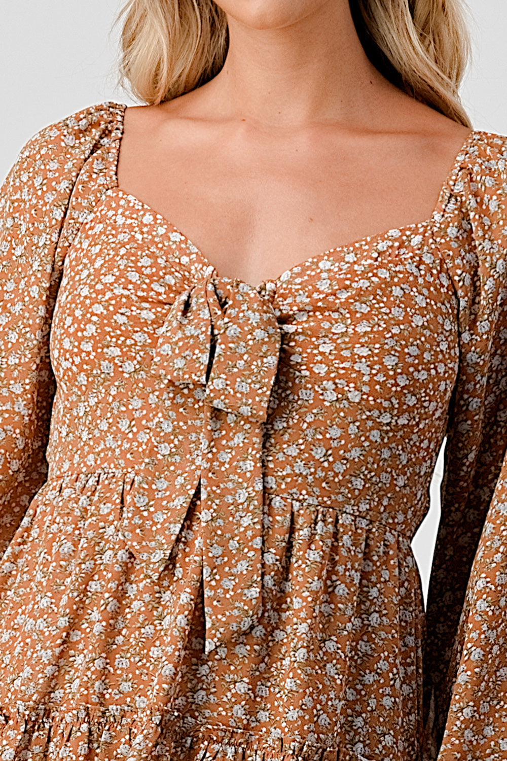 #D6021 Tie front puff sleeve pheasant dress
