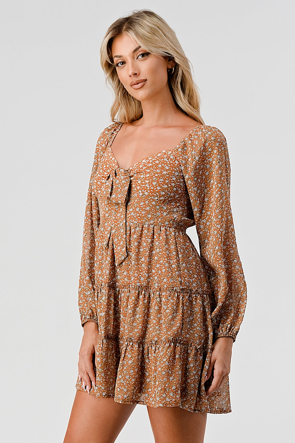 #D6021 Tie front puff sleeve pheasant dress