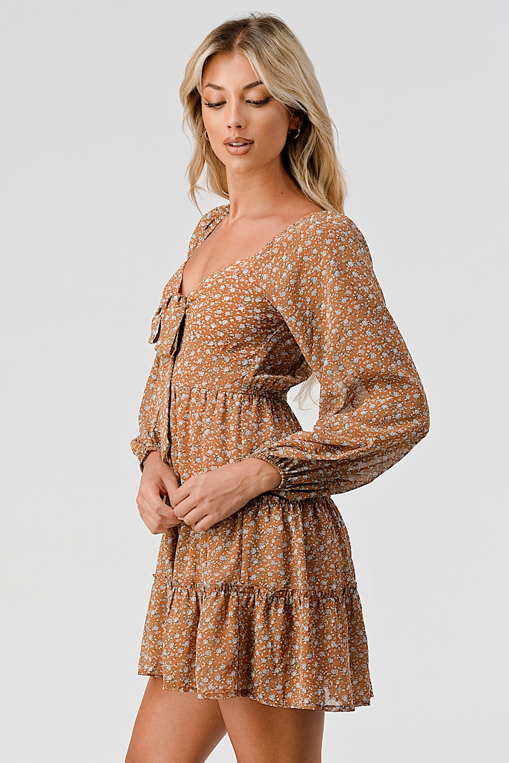 #D6021 Tie front puff sleeve pheasant dress