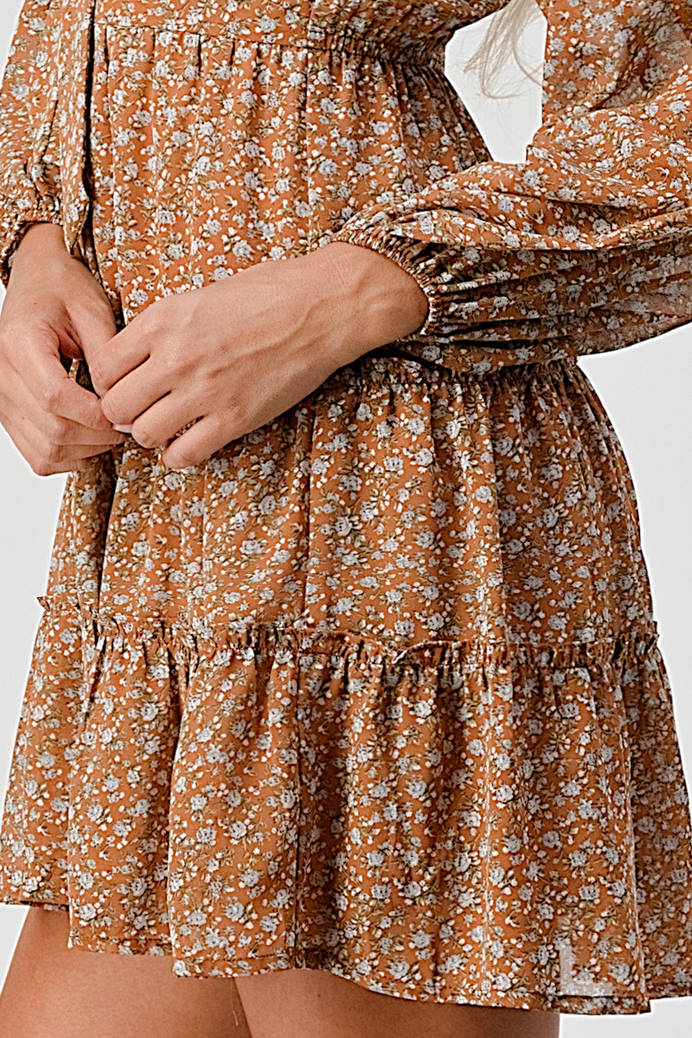 #D6021 Tie front puff sleeve pheasant dress