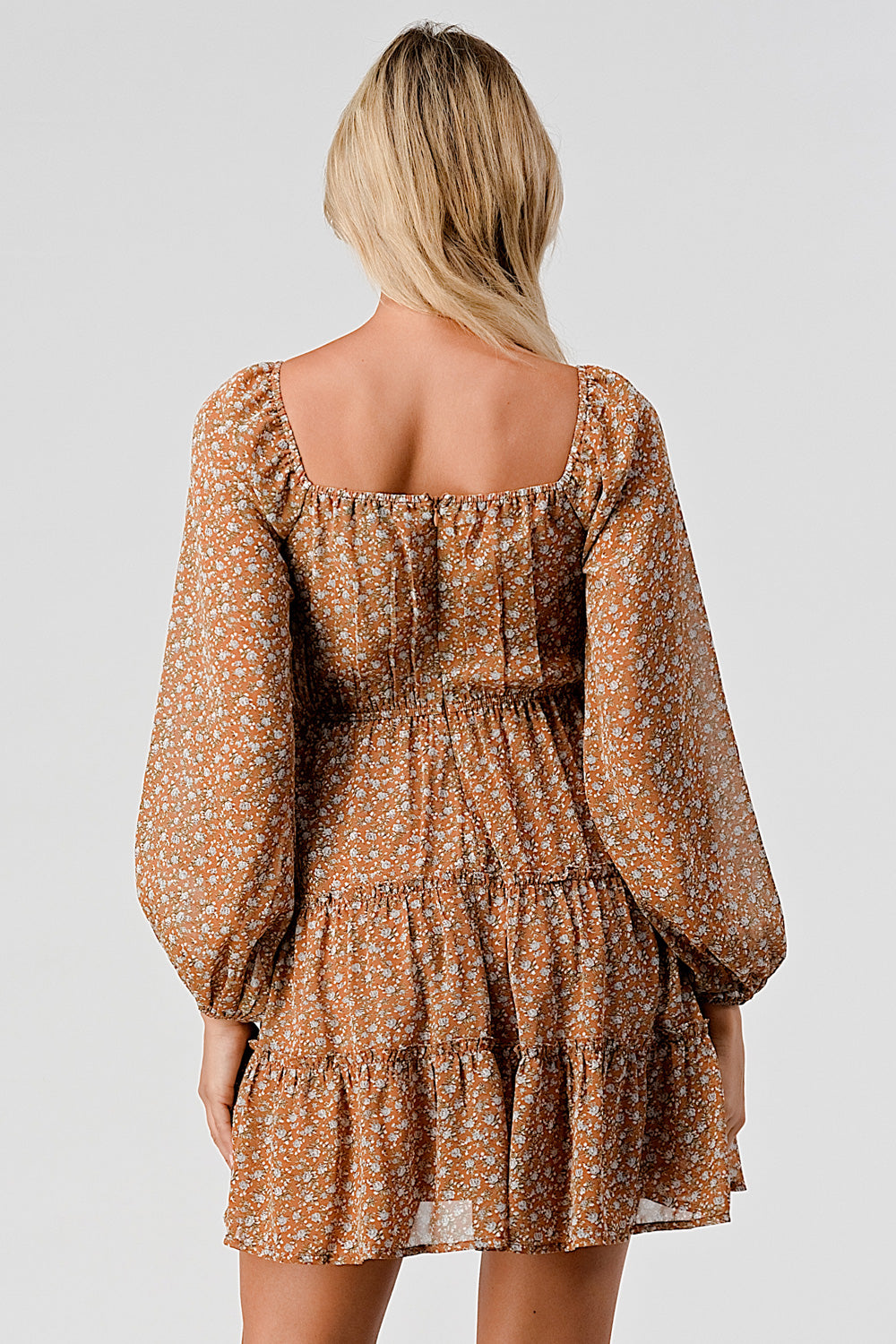 #D6021 Tie front puff sleeve pheasant dress