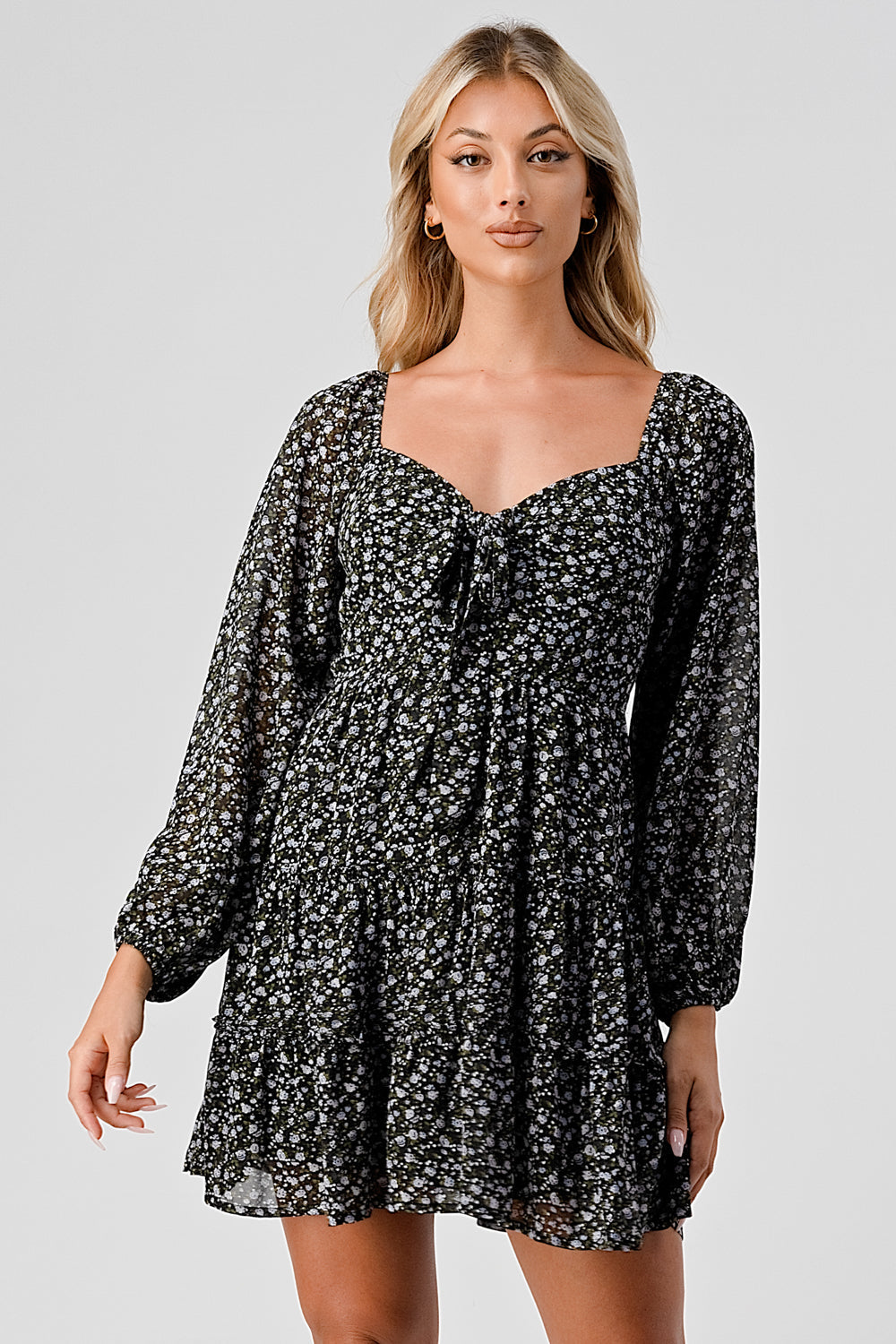 #D6021 Tie front puff sleeve pheasant dress