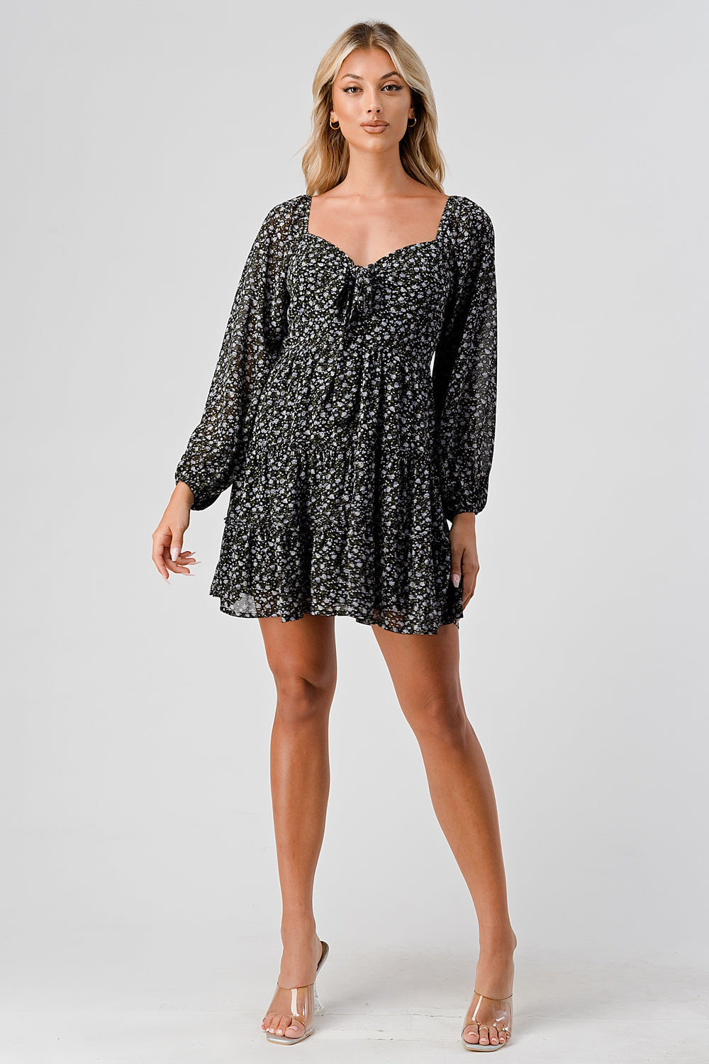 #D6021 Tie front puff sleeve pheasant dress