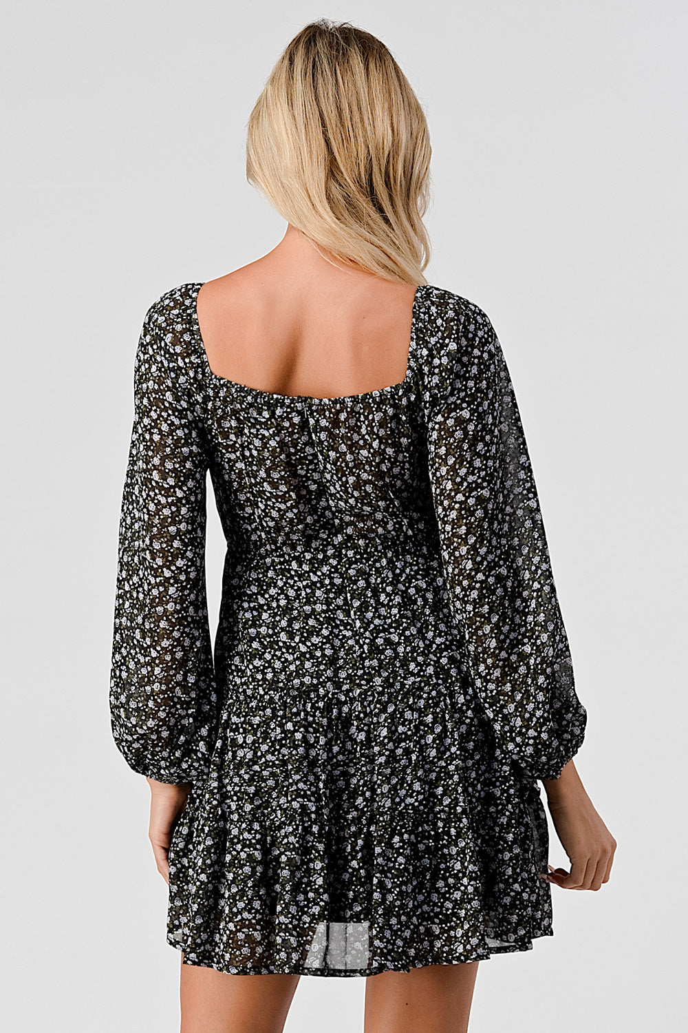 #D6021 Tie front puff sleeve pheasant dress