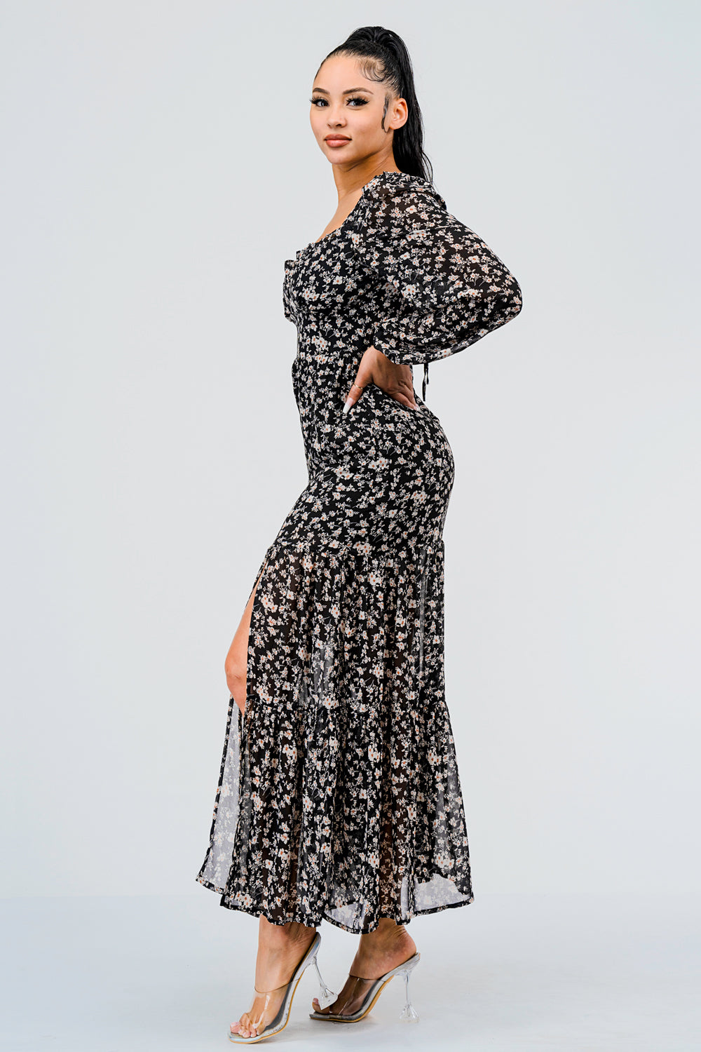 #D6050 Printed long sleeve maxi Dress