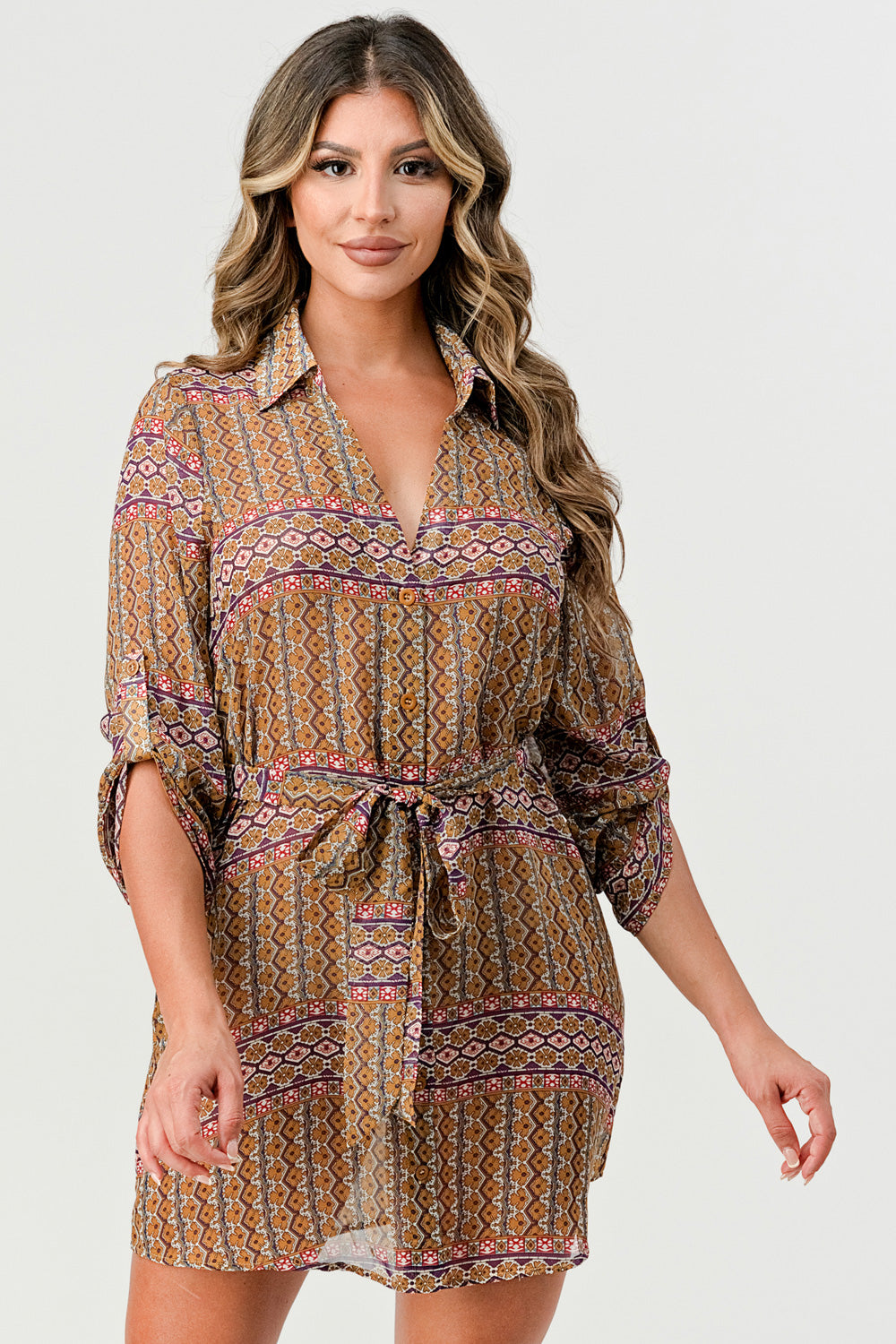 #D6057-1 Buttoned Shirt dress with belt tie