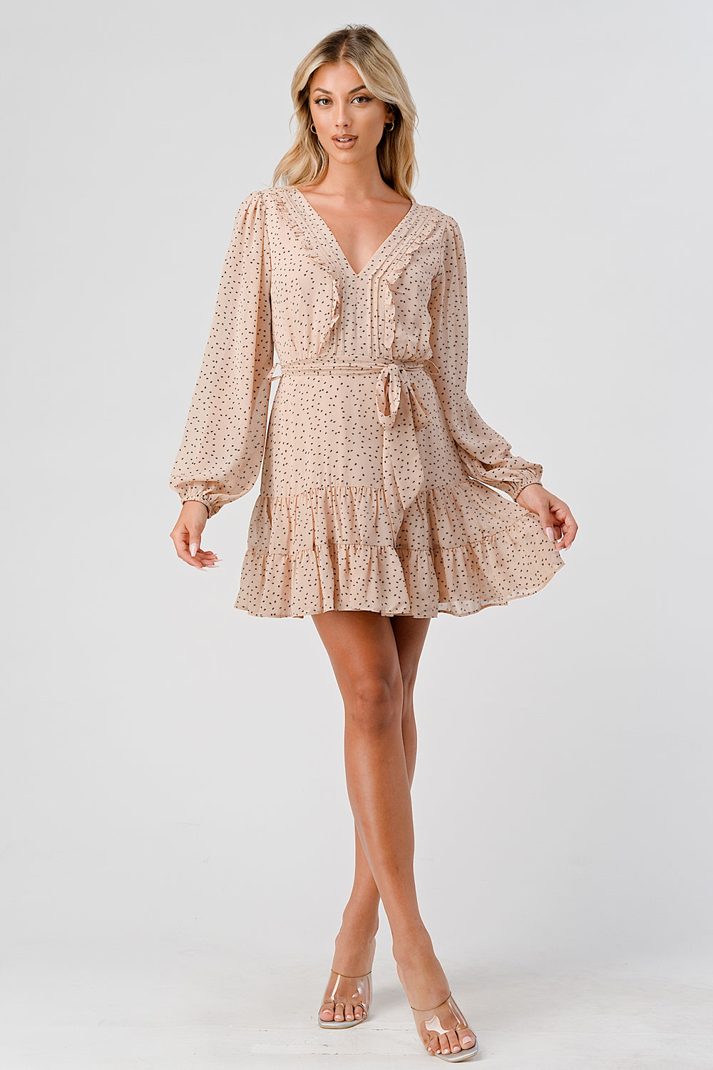 #D6064 Pintucked Ruffle Detailed Dot Dress