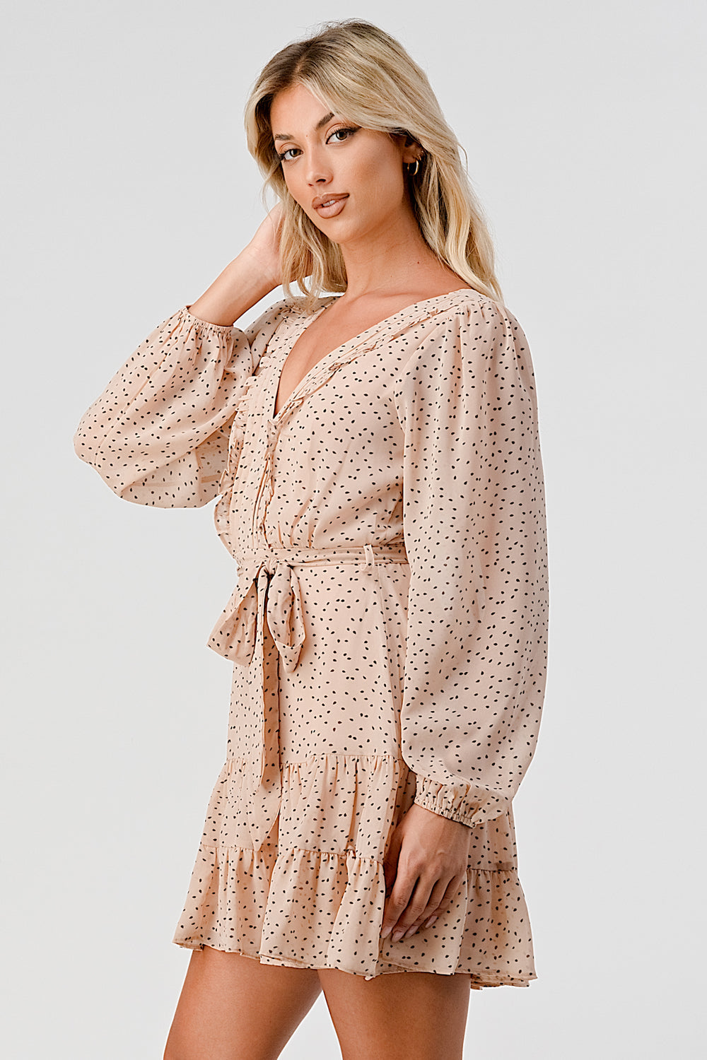 #D6064 Pintucked Ruffle Detailed Dot Dress