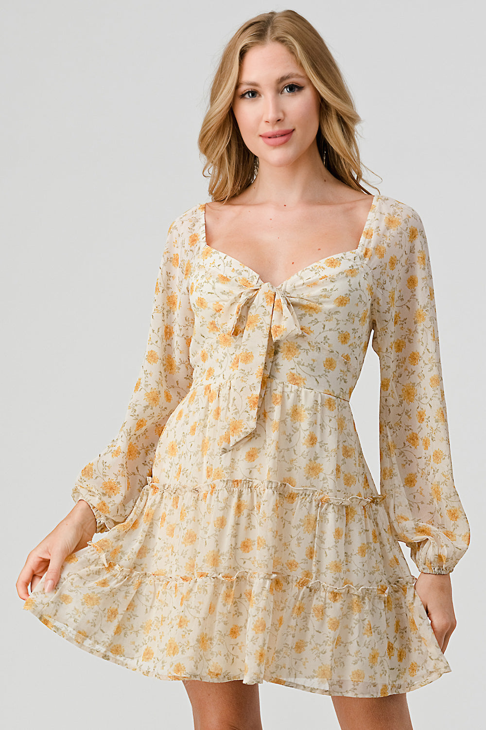 #D6124-2 Tie front puff sleeve pheasant dress