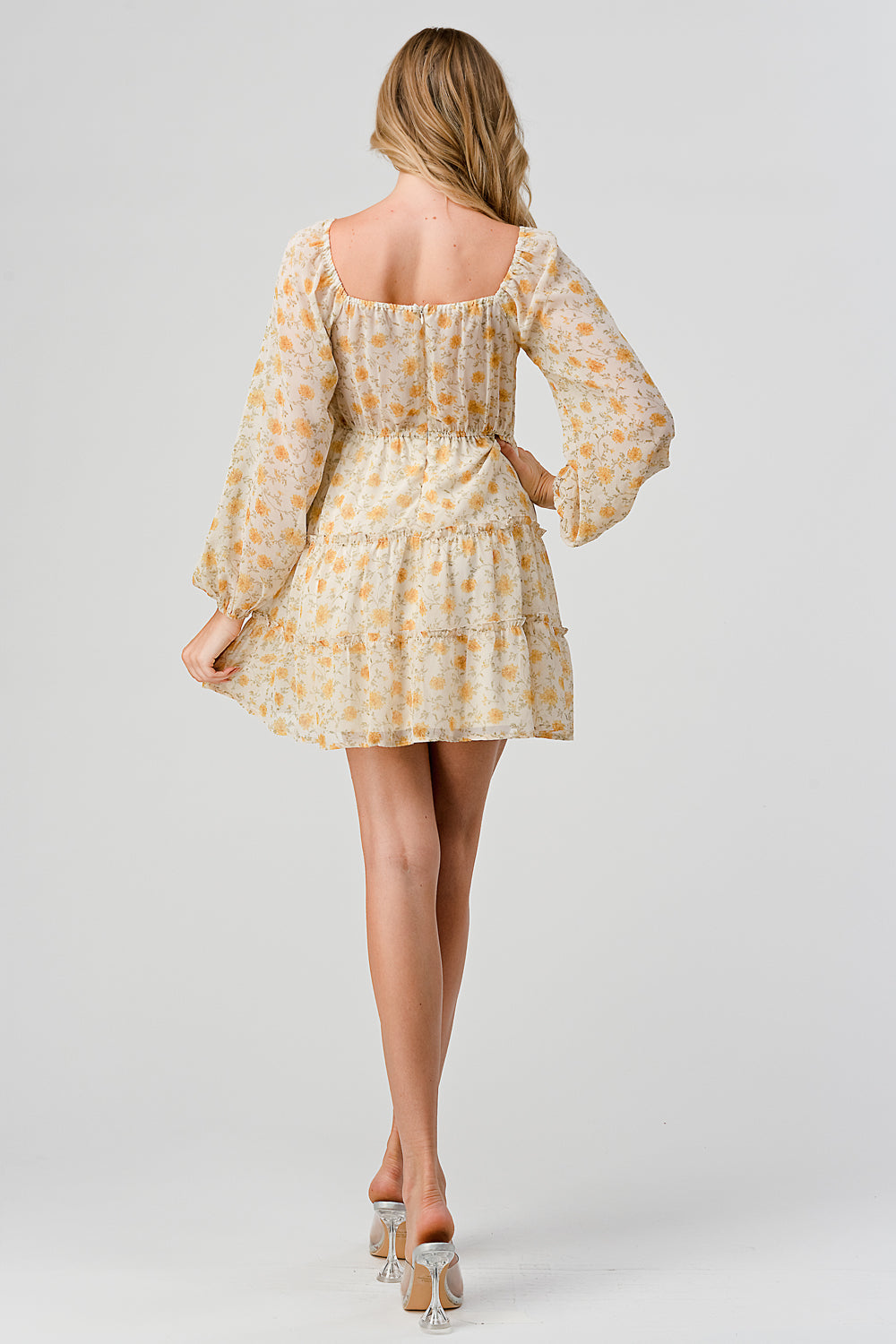#D6124-2 Tie front puff sleeve pheasant dress