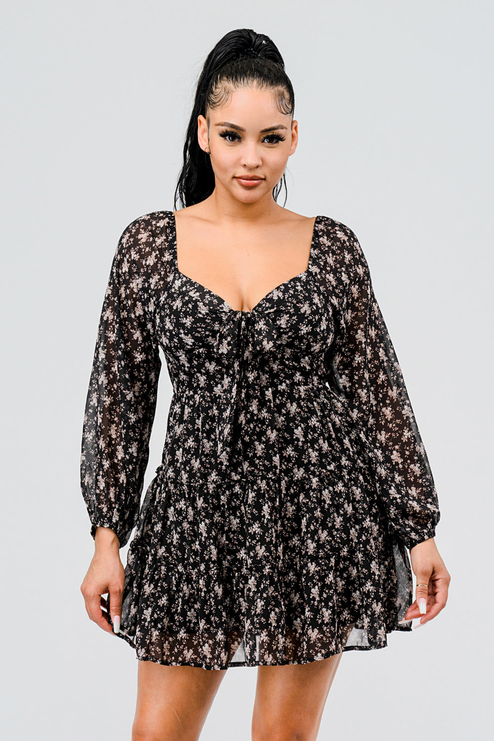 #D6124-3 Tie Front Puff Sleeve Pheasant Dress