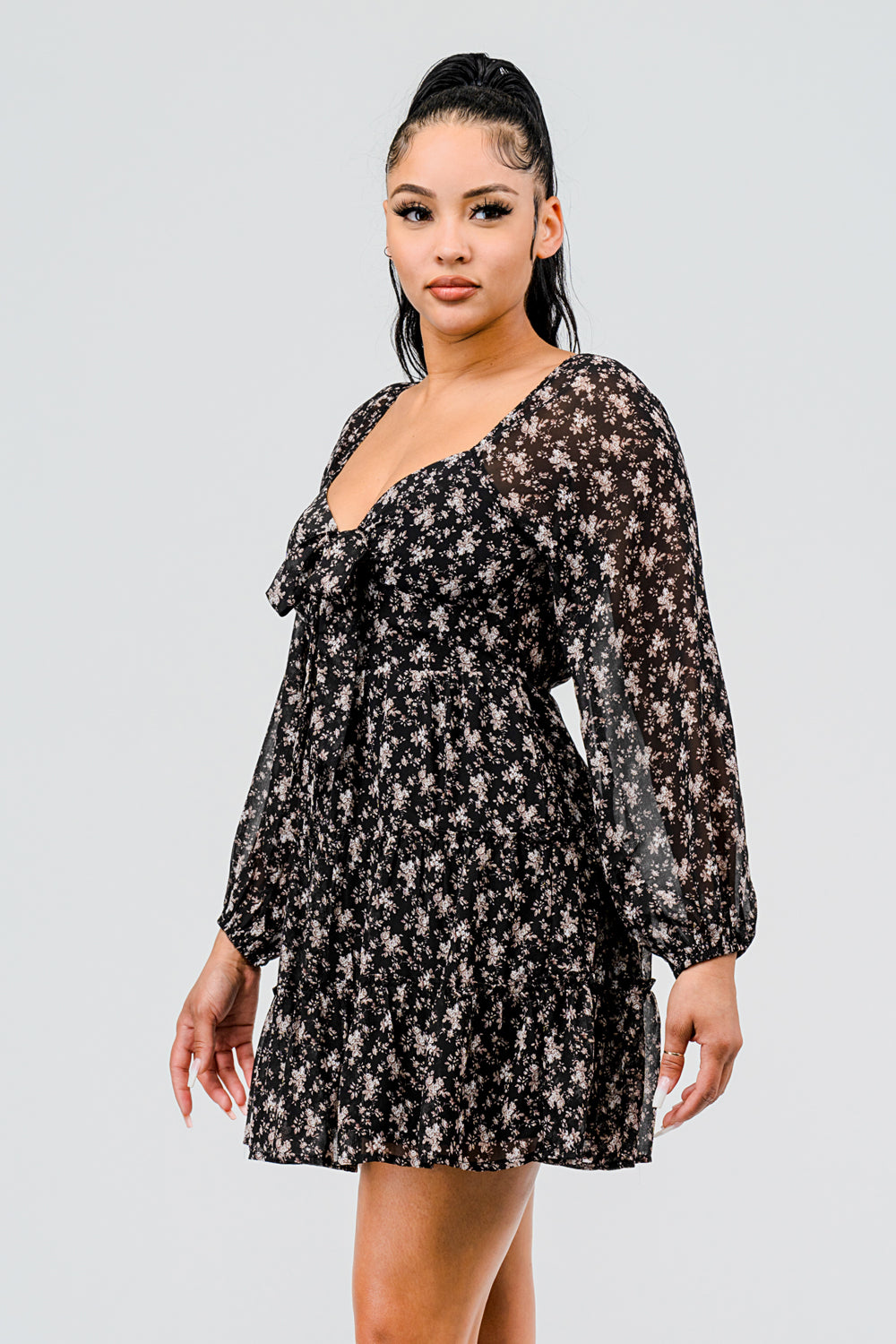 #D6124-3 Tie Front Puff Sleeve Pheasant Dress