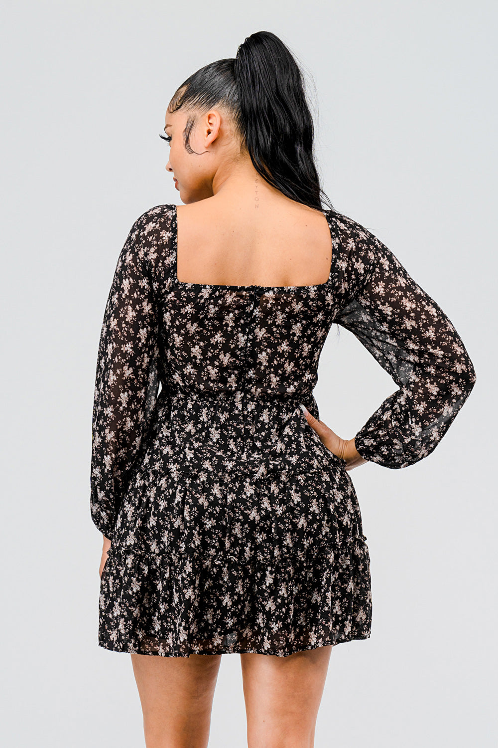 #D6124-3 Tie Front Puff Sleeve Pheasant Dress