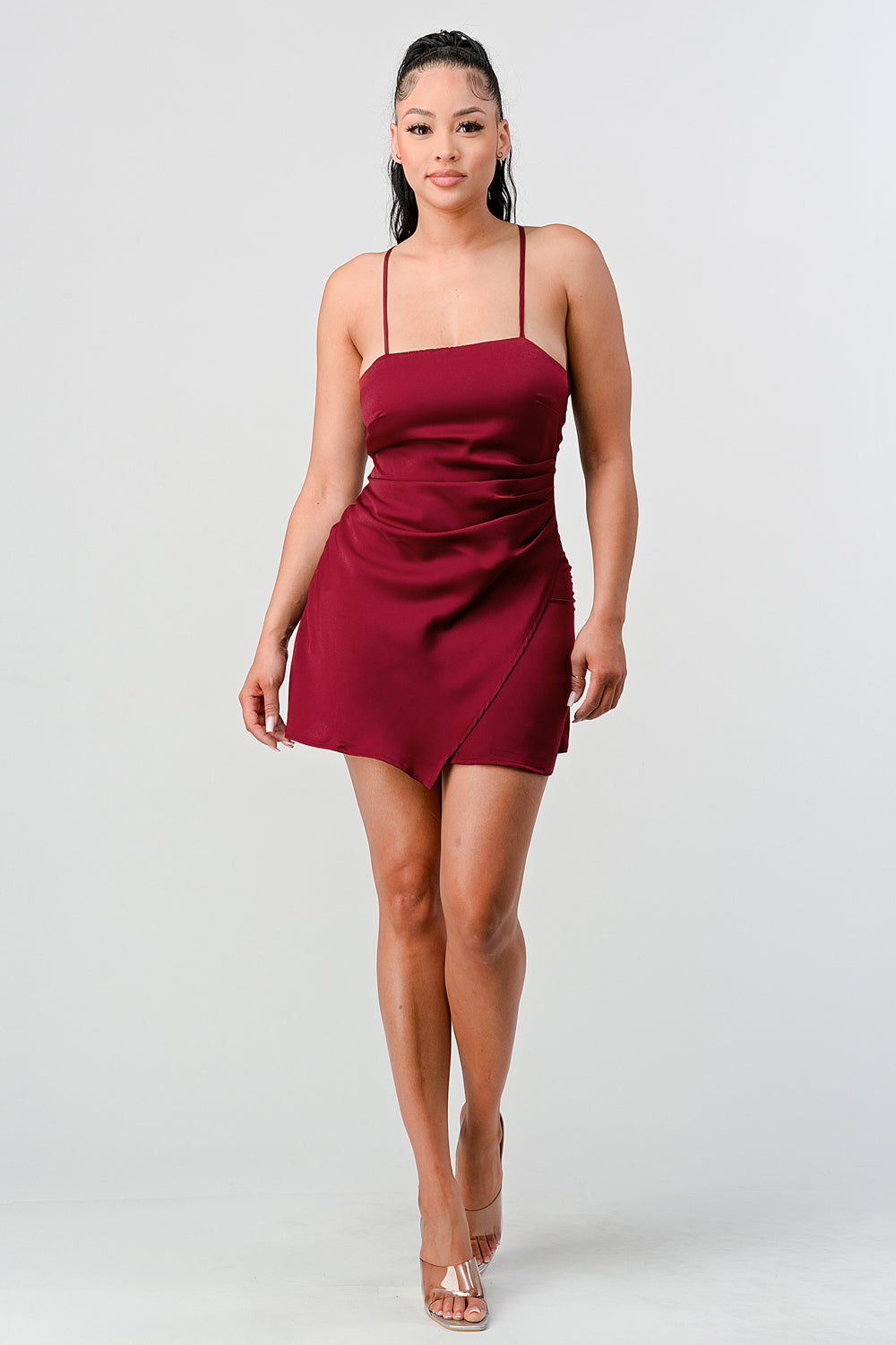 #D6190 Draped Mini Satin Dress