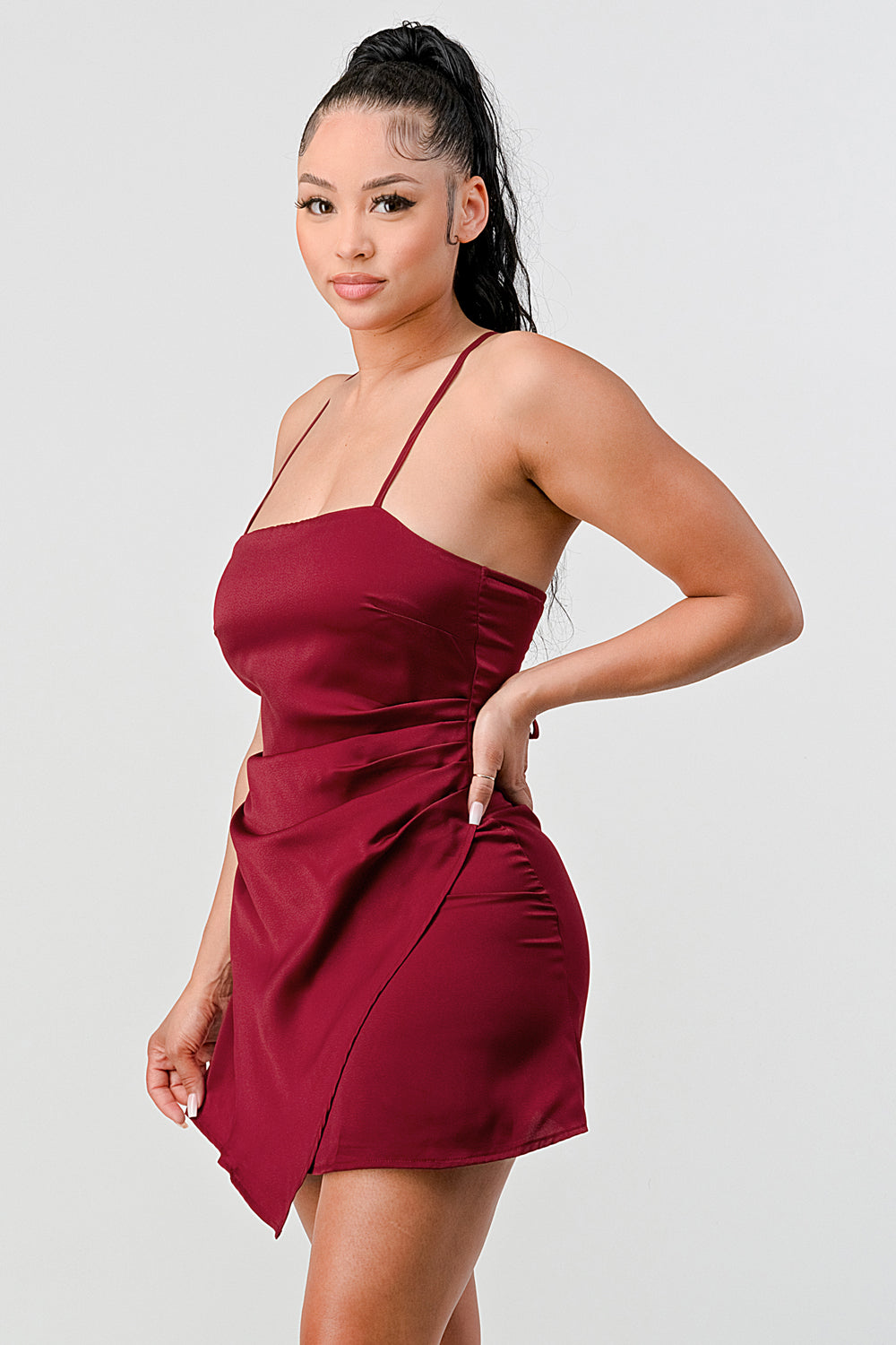 #D6190 Draped Mini Satin Dress
