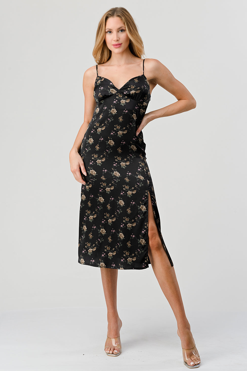 #D6257-1 Printed Satin Slip Cami Midi Dress