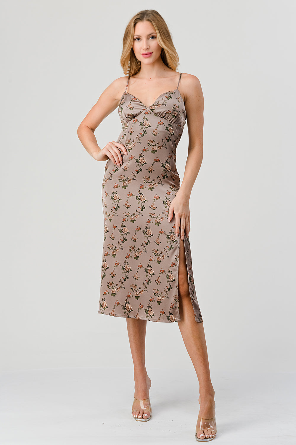 #D6257-1 Printed Satin Slip Cami Midi Dress