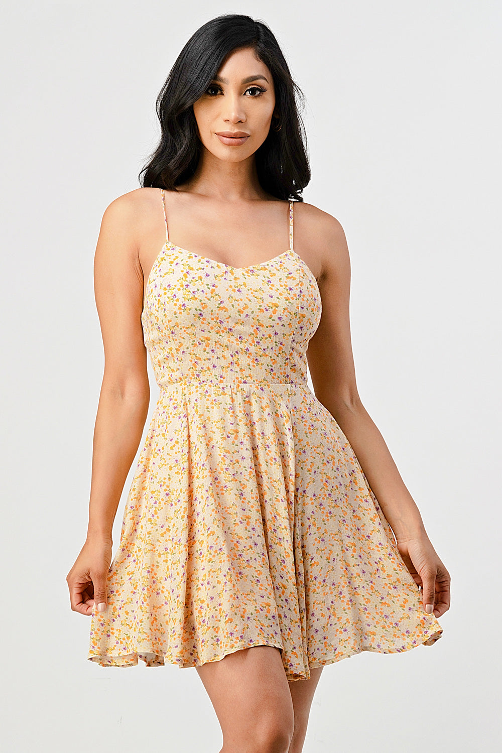 #D7000-13 Floral Chiffon Flare Cami Dress