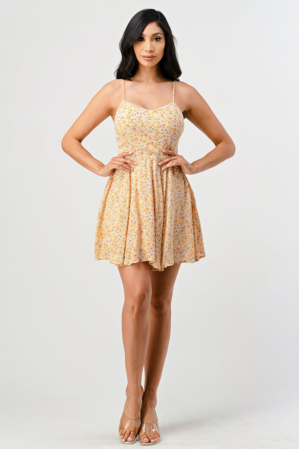#D7000-13 Floral Chiffon Flare Cami Dress