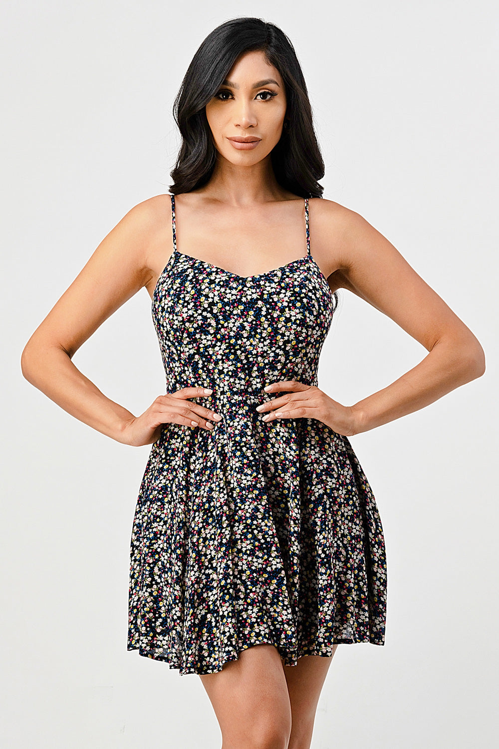 #D7000-13 Floral Chiffon Flare Cami Dress