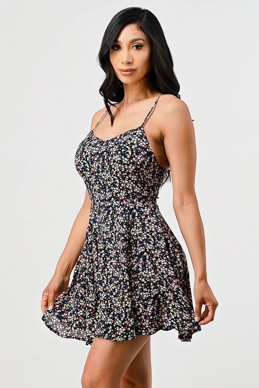 #D7000-13 Floral Chiffon Flare Cami Dress