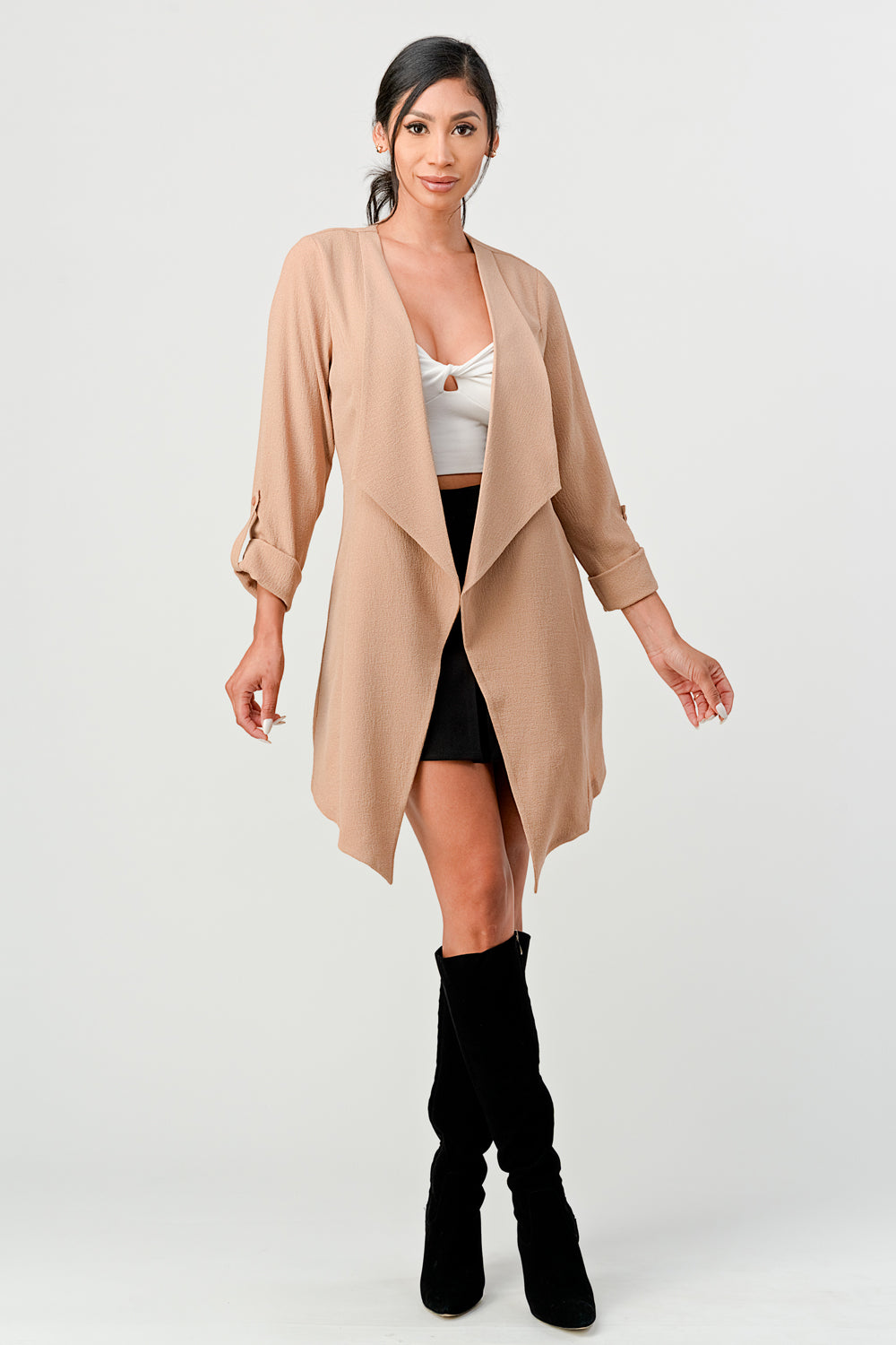 #J1258 Casual Solid Color Long Cardigan with Sleeve Tab