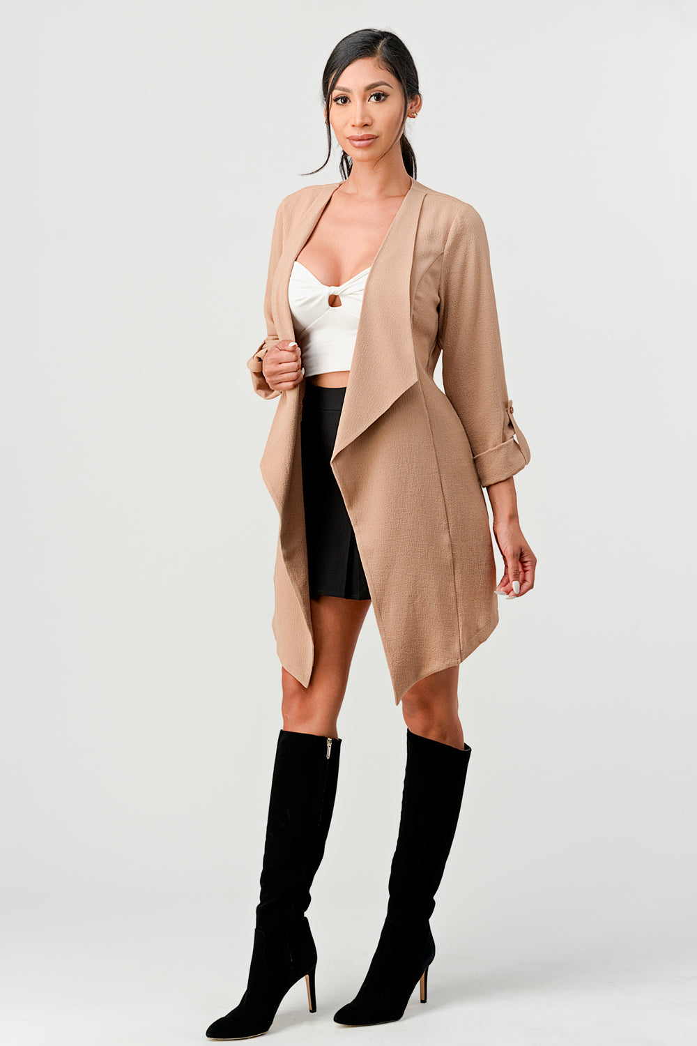 #J1258 Casual Solid Color Long Cardigan with Sleeve Tab