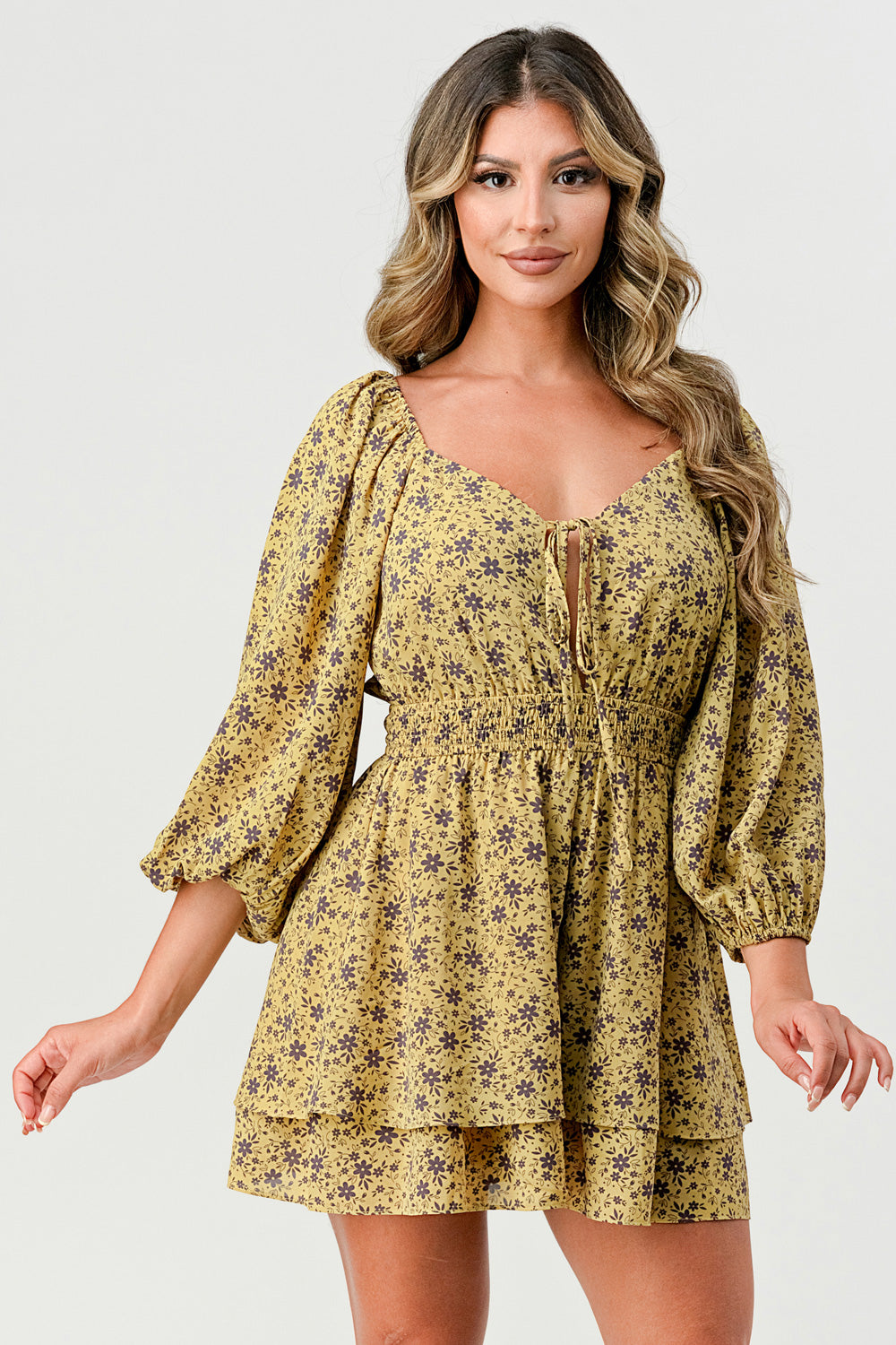 #P2115-1 Open Neck Ruffle Mini Dress W/3" Sleeve Romper
