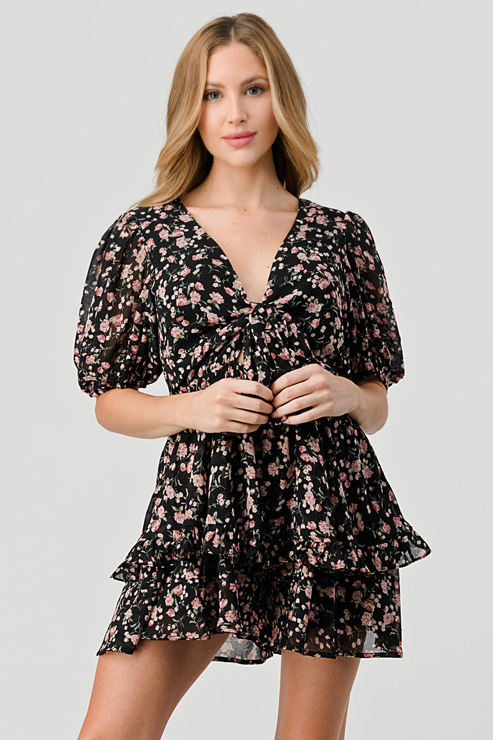 #P2180-2 Tie Front Printed Mini Floral Romper