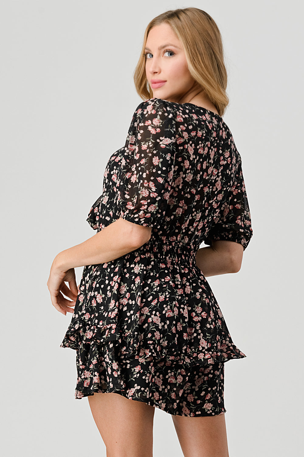 #P2180-2 Tie Front Printed Mini Floral Romper
