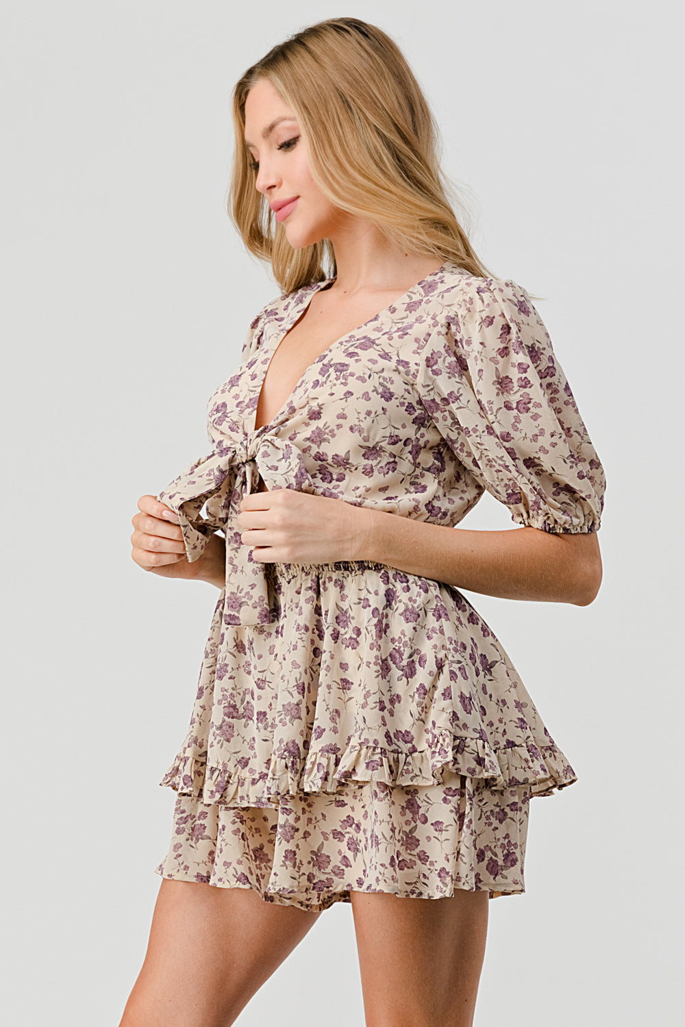 #P2180-2 Tie Front Printed Mini Floral Romper