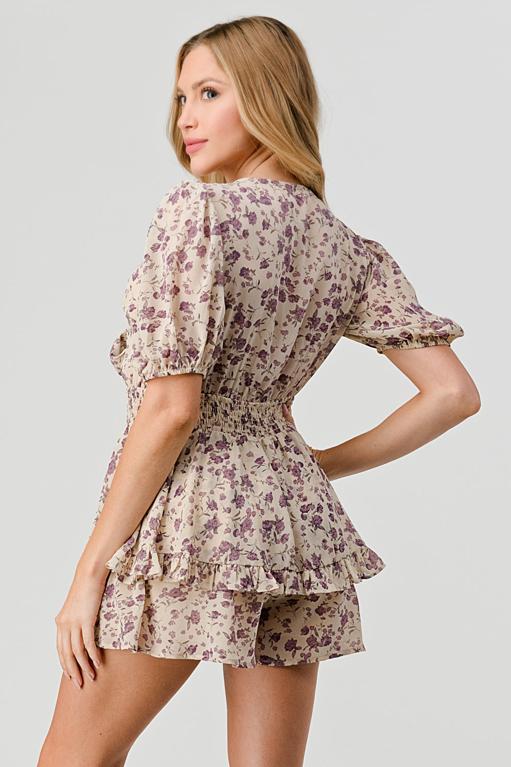 #P2180-2 Tie Front Printed Mini Floral Romper