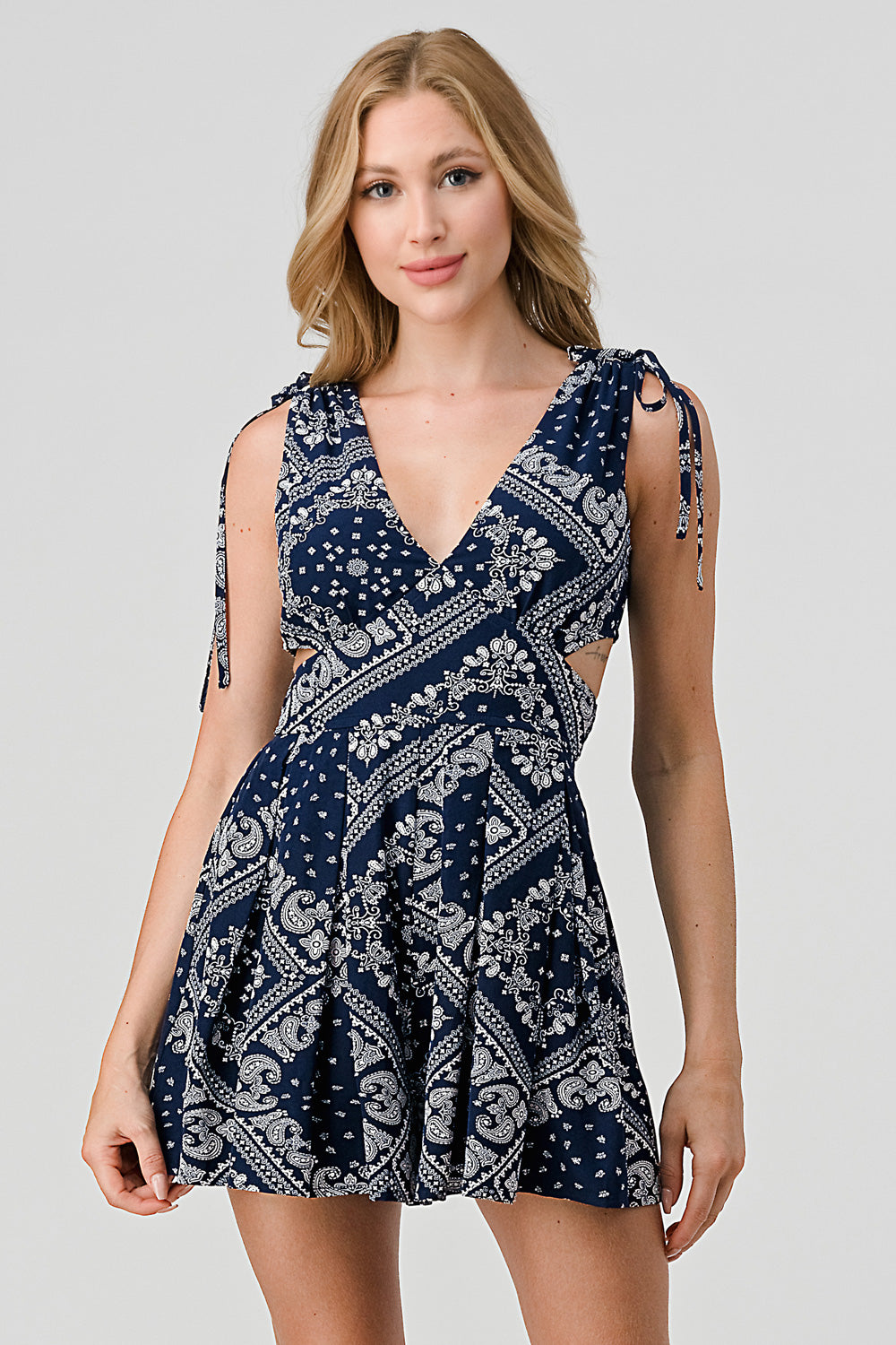 #P2247 Deep V Tank Pleated Romper