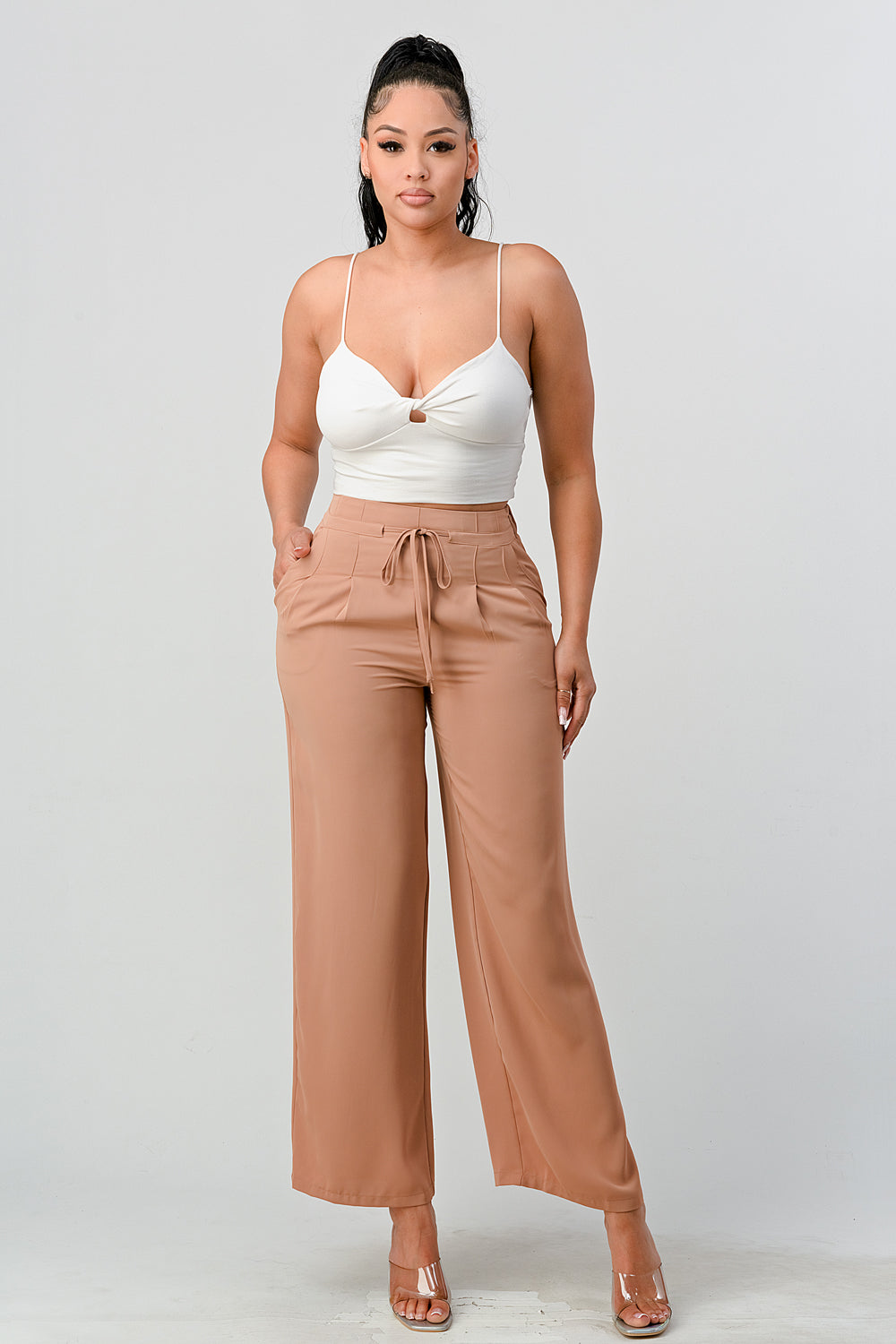 #P2306 Pleated Detail Tie Front Pants