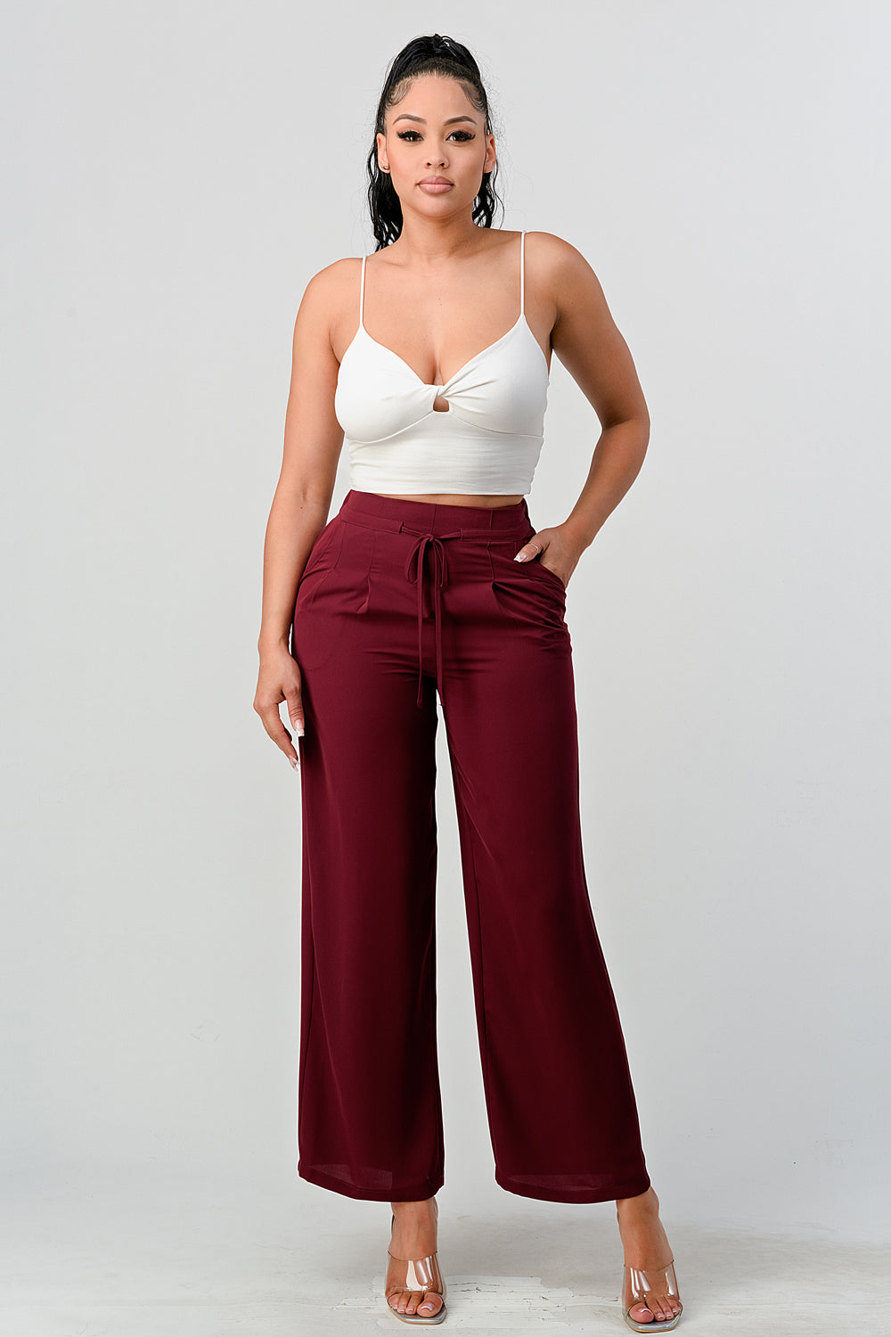#P2306 Pleated Detail Tie Front Pants