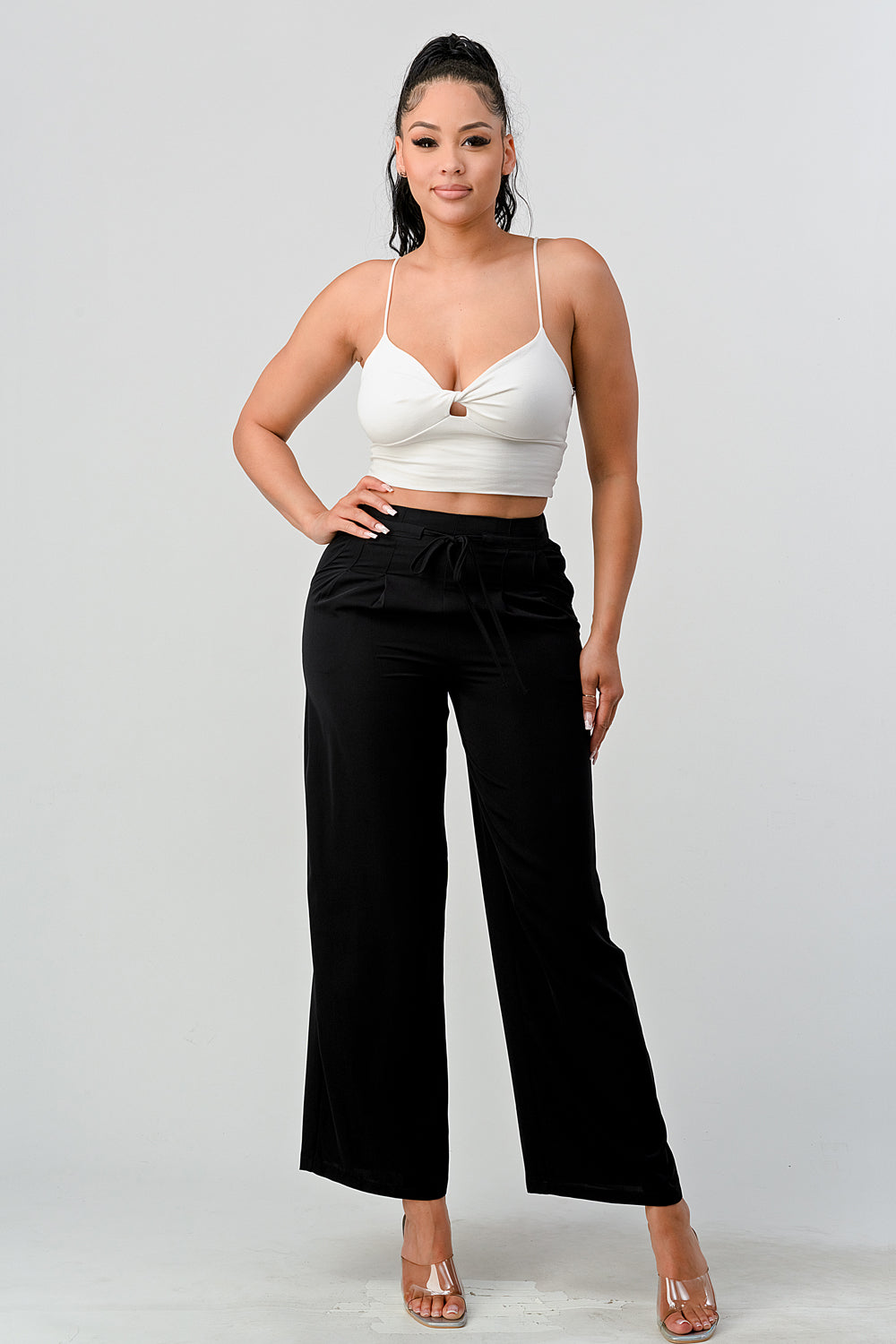 #P2306 Pleated Detail Tie Front Pants