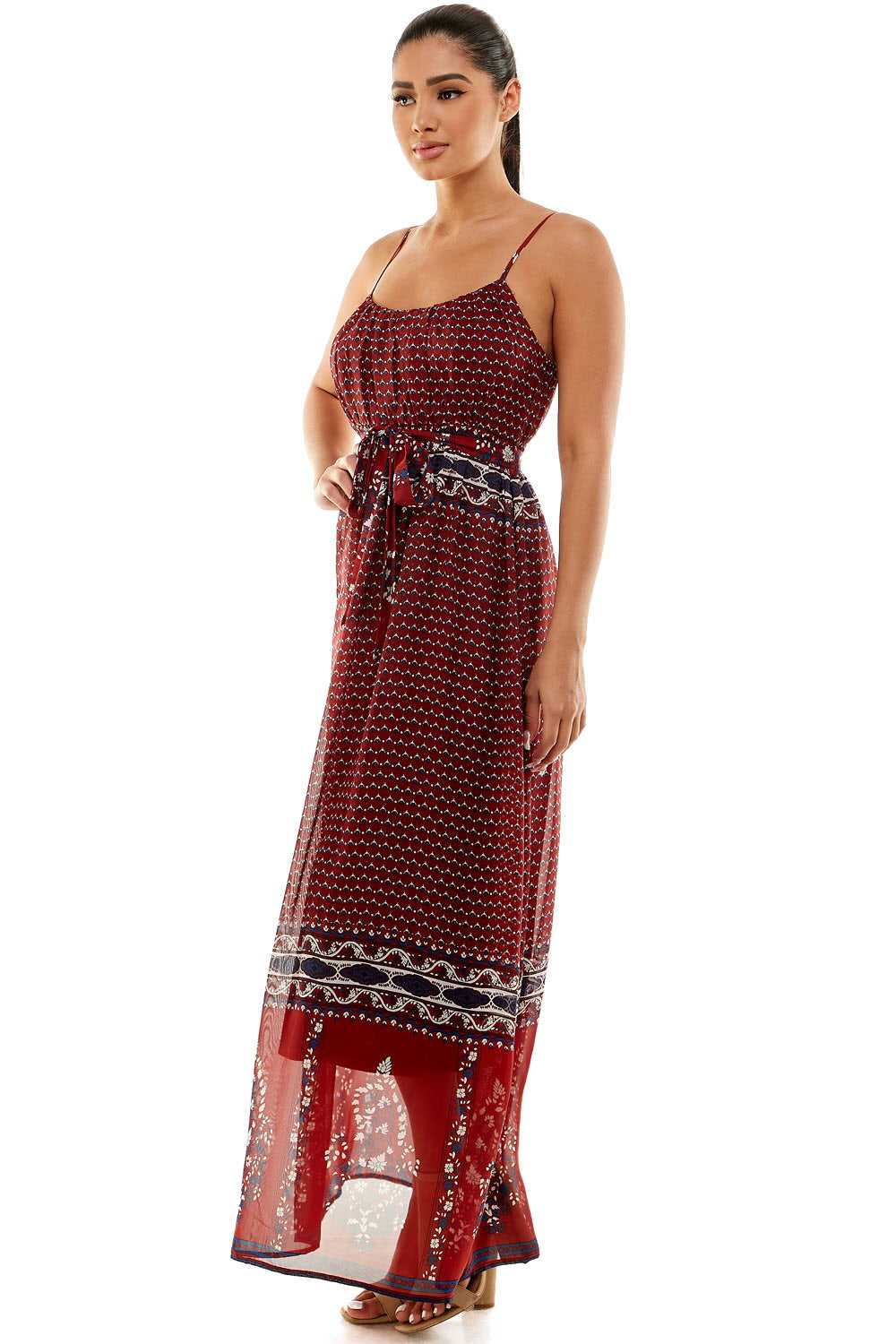 #D6124 Belted Border Print Dress