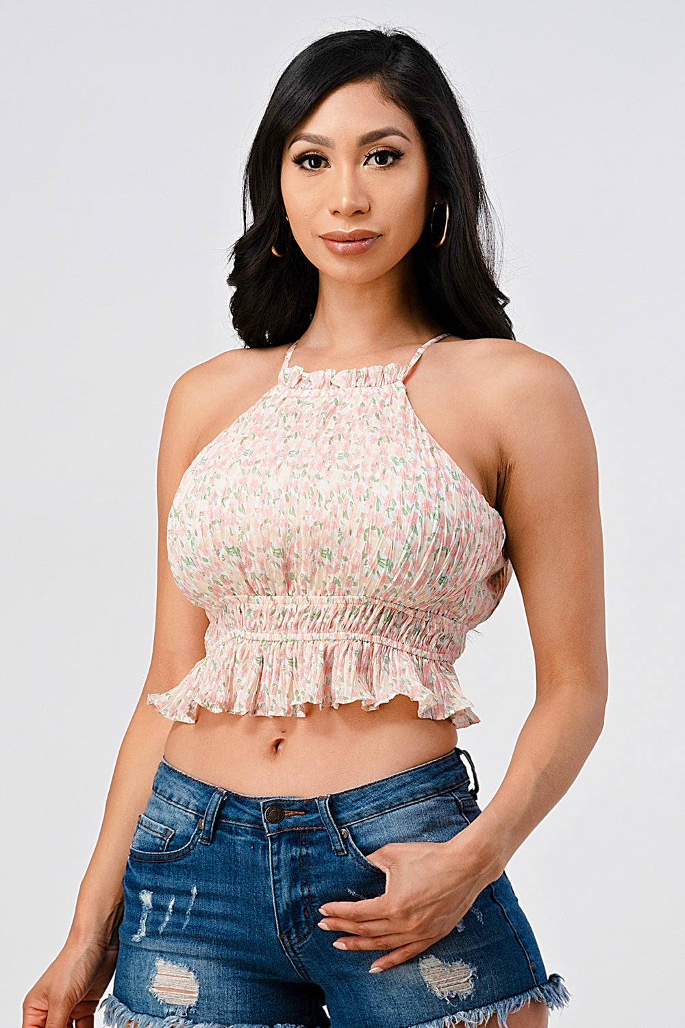 #T4278 Ditsy Ruffle Crop Top