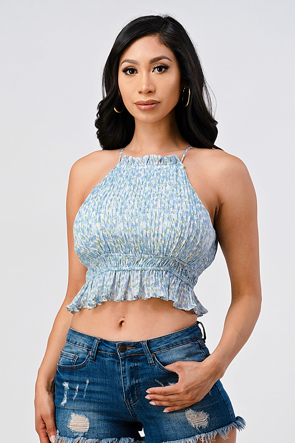 #T4278 Ditsy Ruffle Crop Top